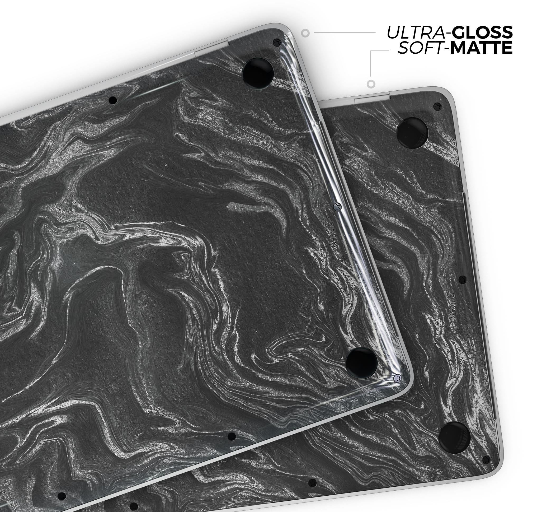 Black & Silver Marble Swirl V4 skin decal wrap kit for MacBook, showcasing a stylish marble design with a premium vinyl finish.