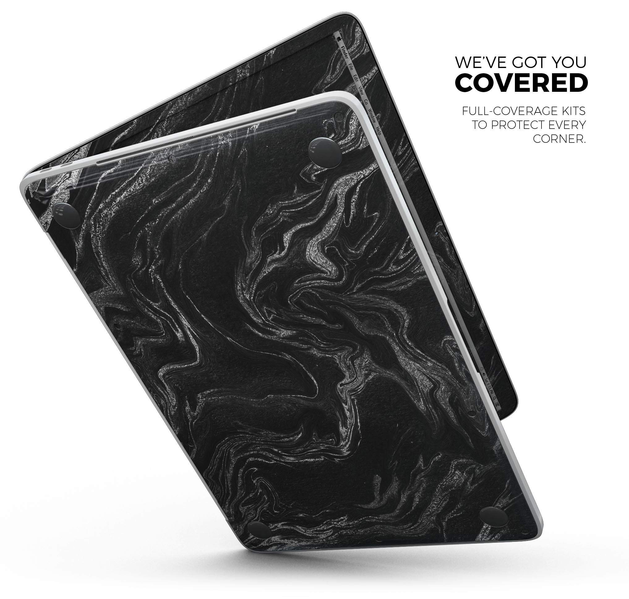 Black & Silver Marble Swirl V4 skin decal wrap kit for MacBook, showcasing a stylish marble design with a premium vinyl finish.