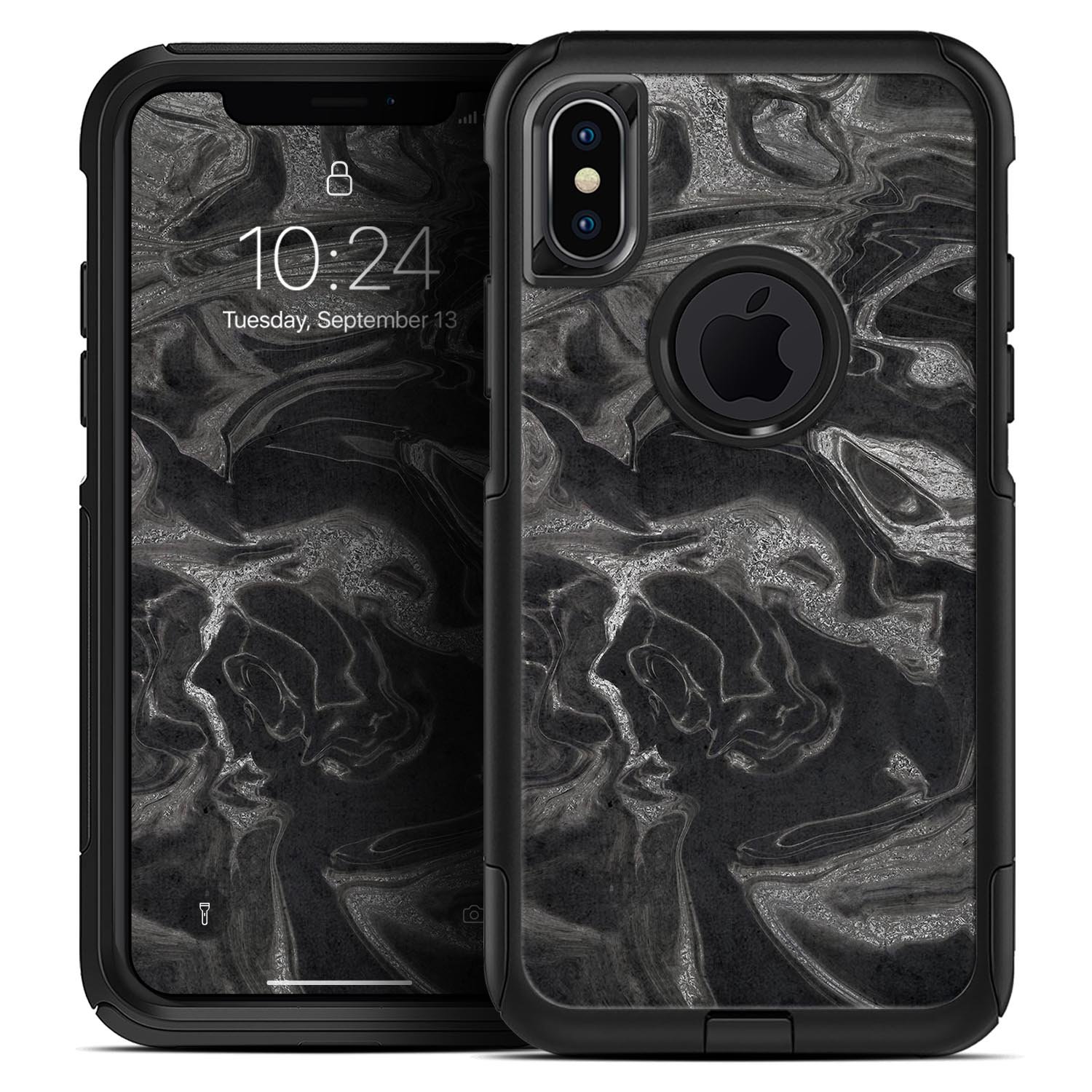 Black and silver marble swirl skin kit for iPhone OtterBox, showcasing a stylish design with premium finish.