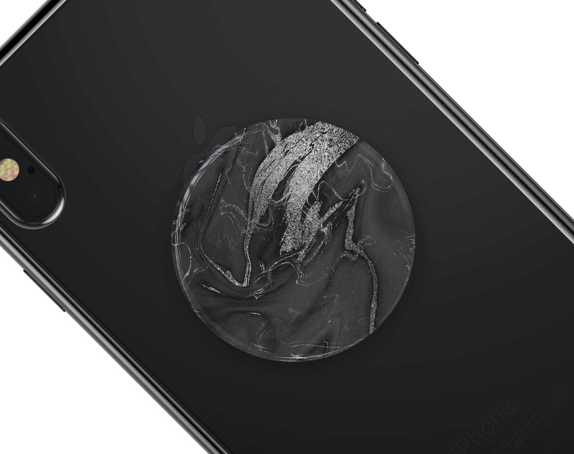Black and silver marble swirl skin kit for PopSockets, showcasing a stylish design with a glossy finish.