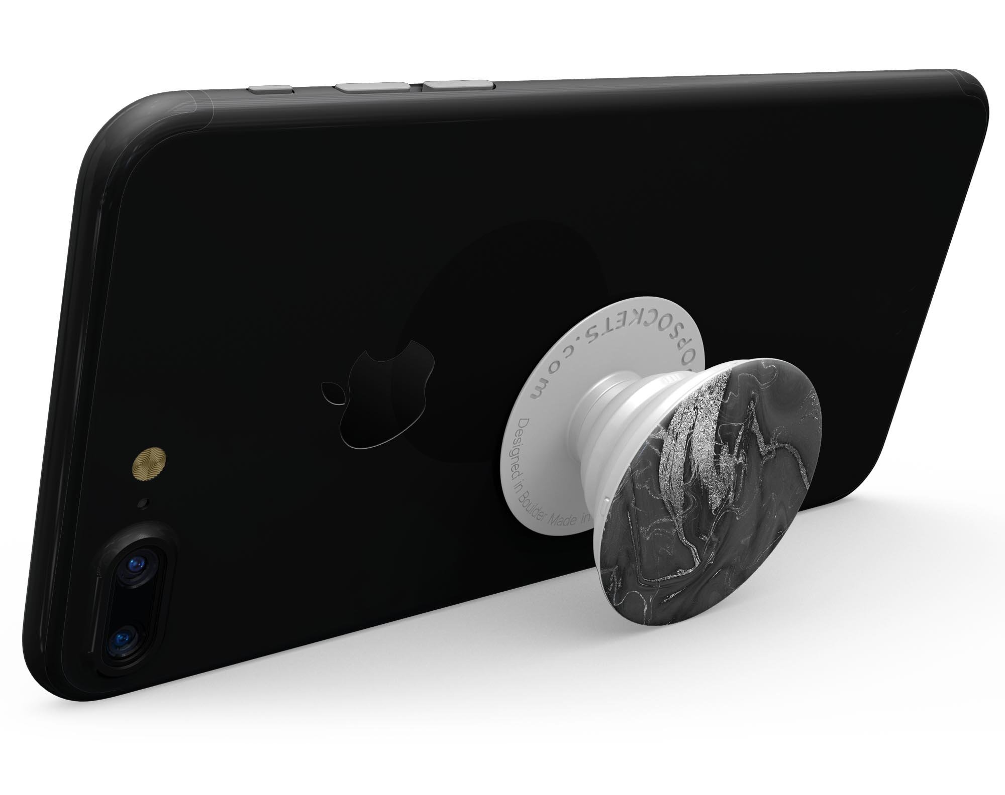 Black and silver marble swirl skin kit for PopSockets, showcasing a stylish design with a glossy finish.