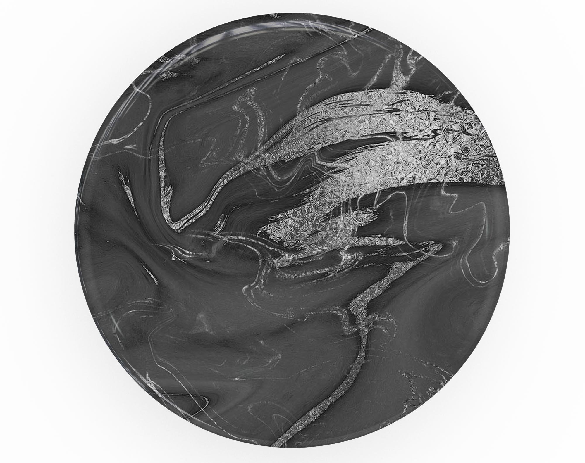 Black and silver marble swirl skin kit for PopSockets, showcasing a stylish design with a glossy finish.