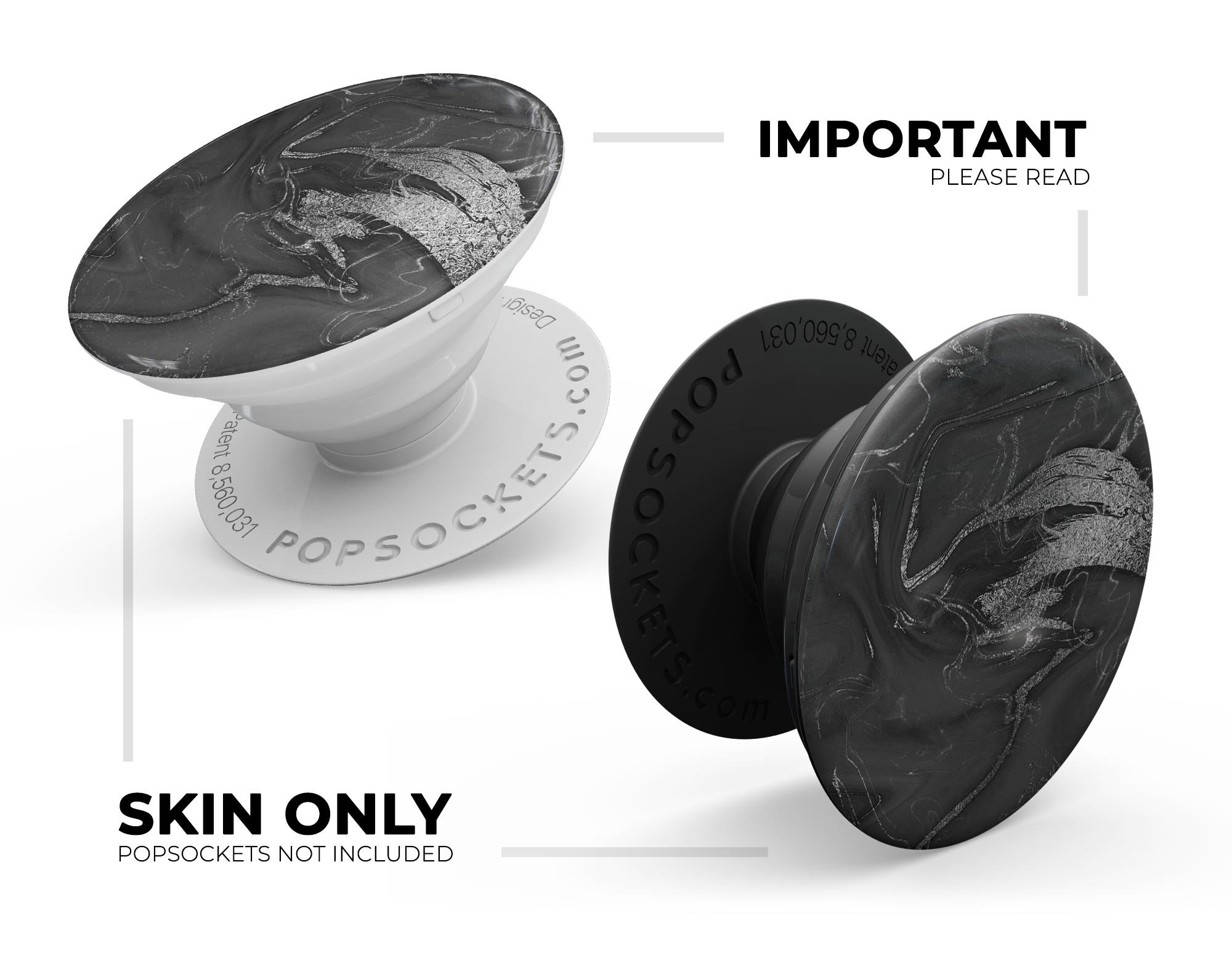Black and silver marble swirl skin kit for PopSockets, showcasing a stylish design with a glossy finish.