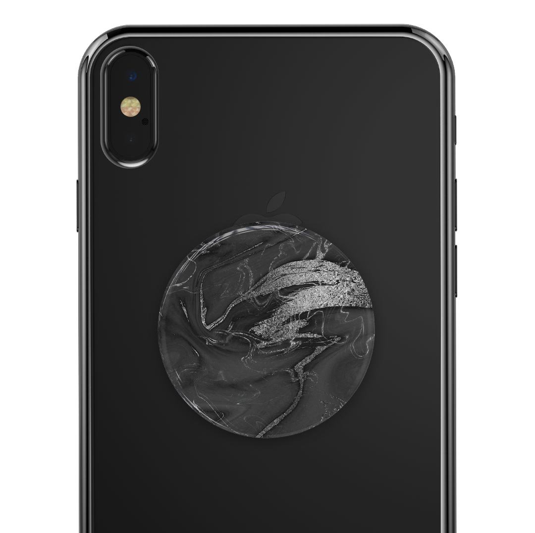 Black and silver marble swirl skin kit for PopSockets, showcasing a stylish design with a glossy finish.