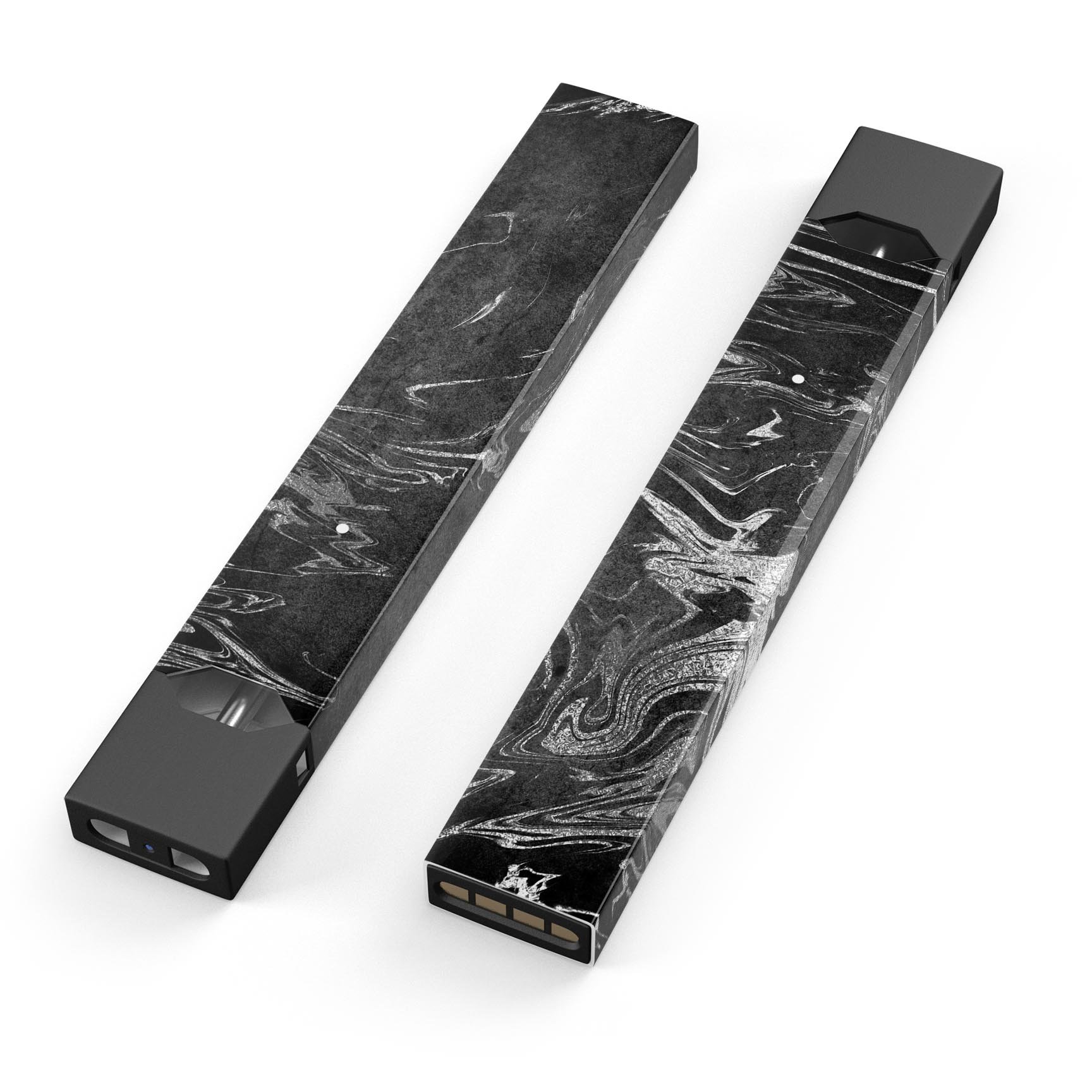Black and silver marble swirl skin wrap for JUUL vaping device, showcasing a stylish and protective design.