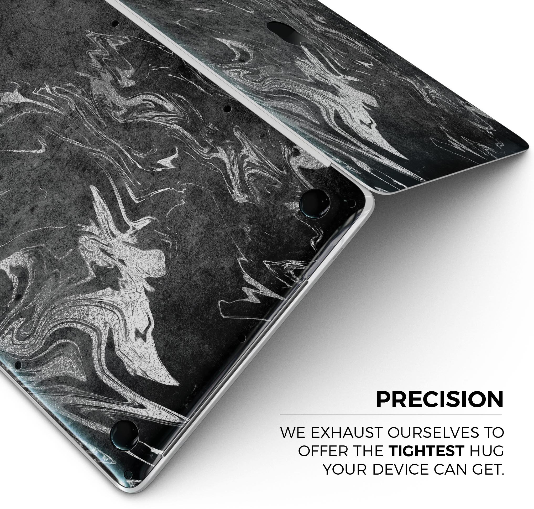 Black & Silver Marble Swirl V8 Skin Decal Wrap Kit for MacBook, showcasing a stylish marble design with a premium vinyl finish.