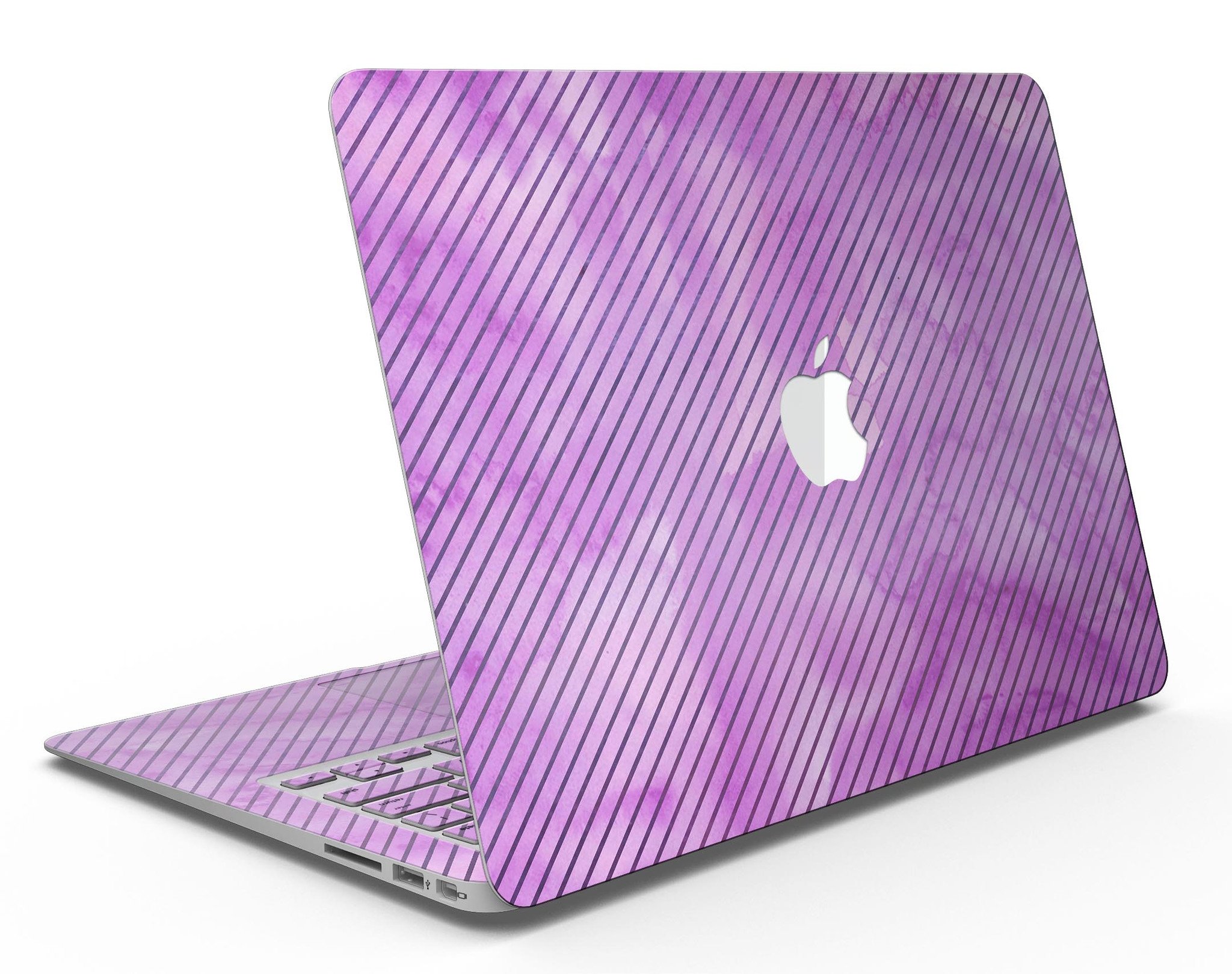 Black MacBook Air skin featuring slanted lines of purple clouds, showcasing a stylish and protective design.