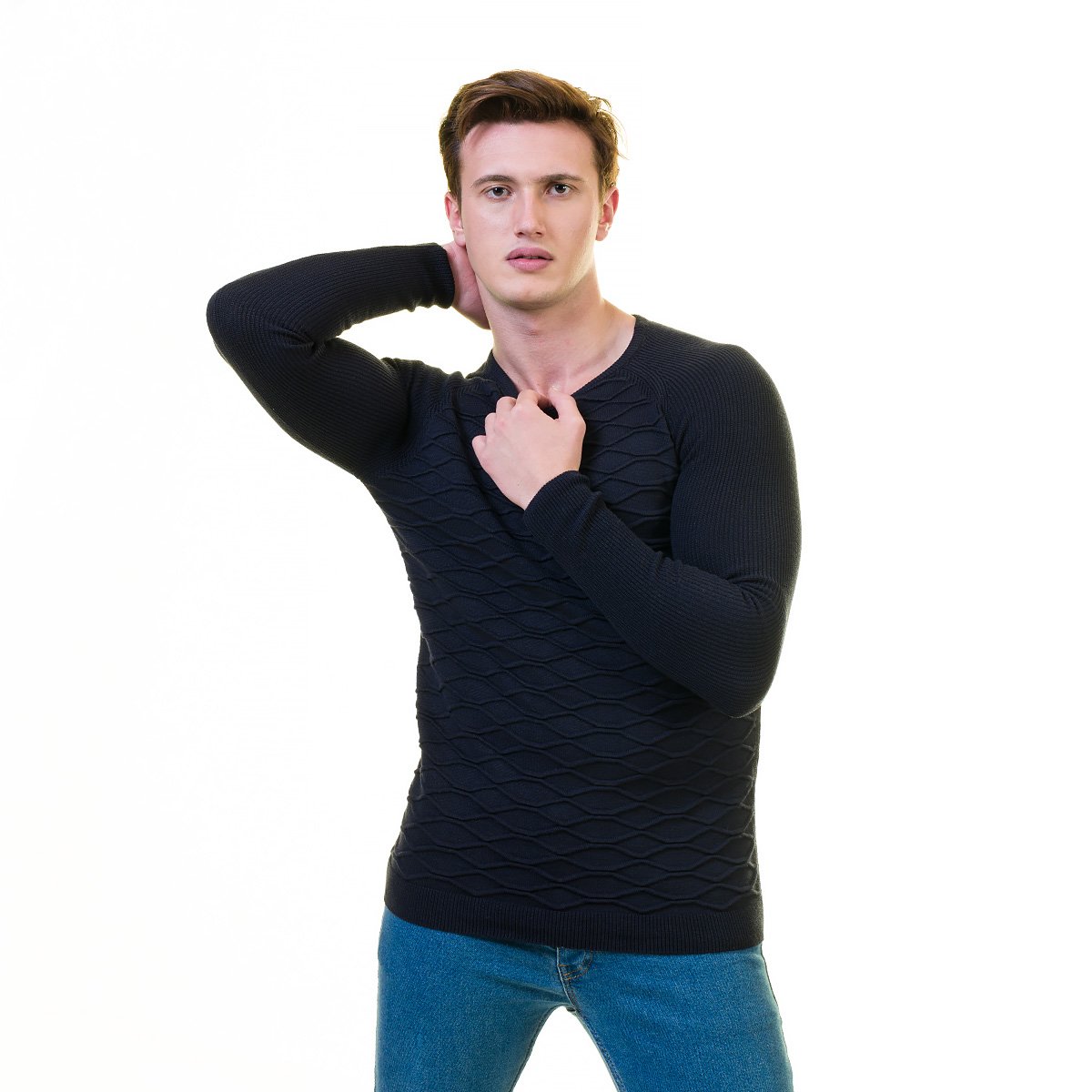 Black Solid European Wool Luxury Zippered Sweater Jacket with hoodie, showcasing its elegant design and high-quality fabric.