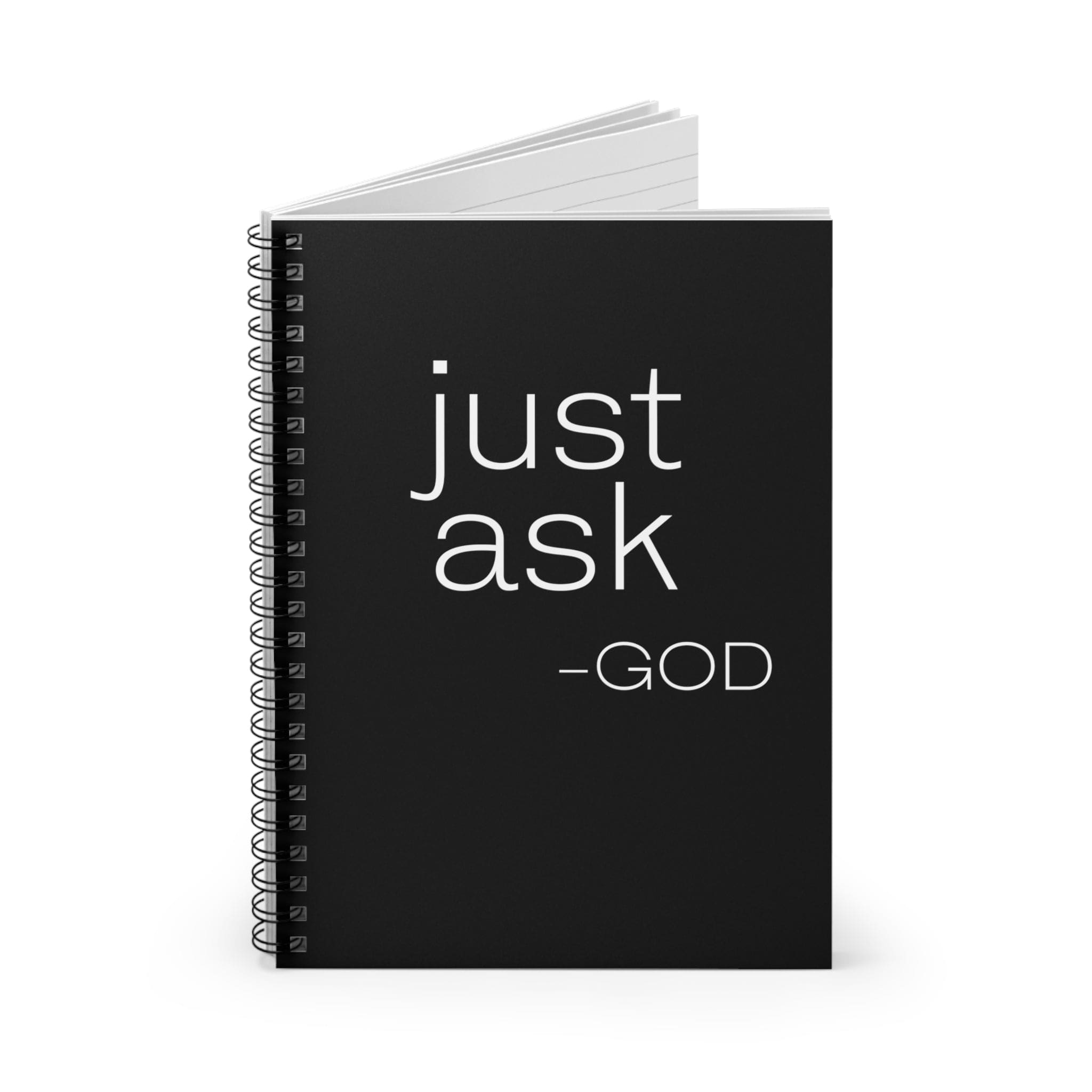 Black Spiral Journal Notebook with 'Just Ask-God' statement on the cover, featuring ruled line pages and a durable design.