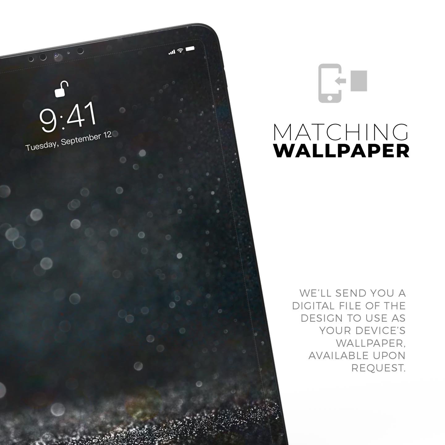 Black Unfocused Glowing Shimmer skin decal for Apple devices, showcasing its sleek design and premium finish.