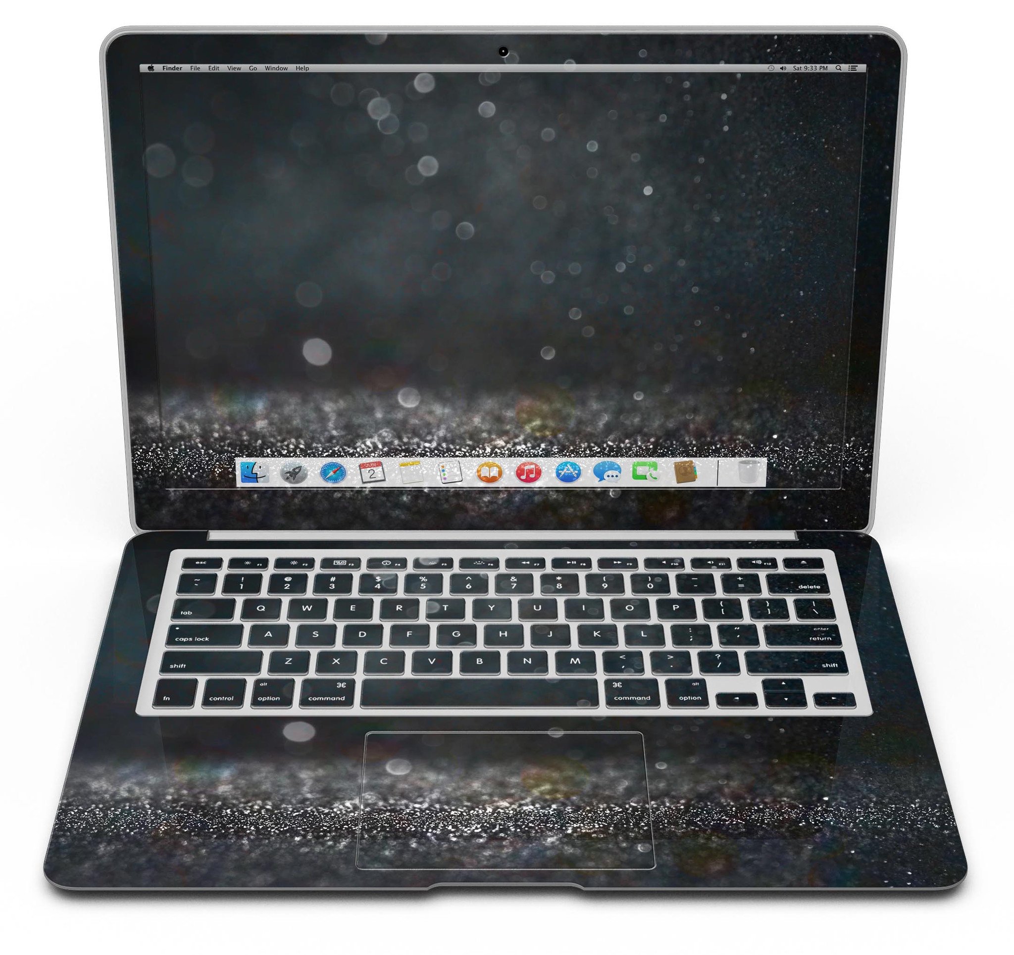 Black Unfocused Glowing Shimmer skin applied to a MacBook Air, showcasing its sleek design and vibrant shimmer effect.