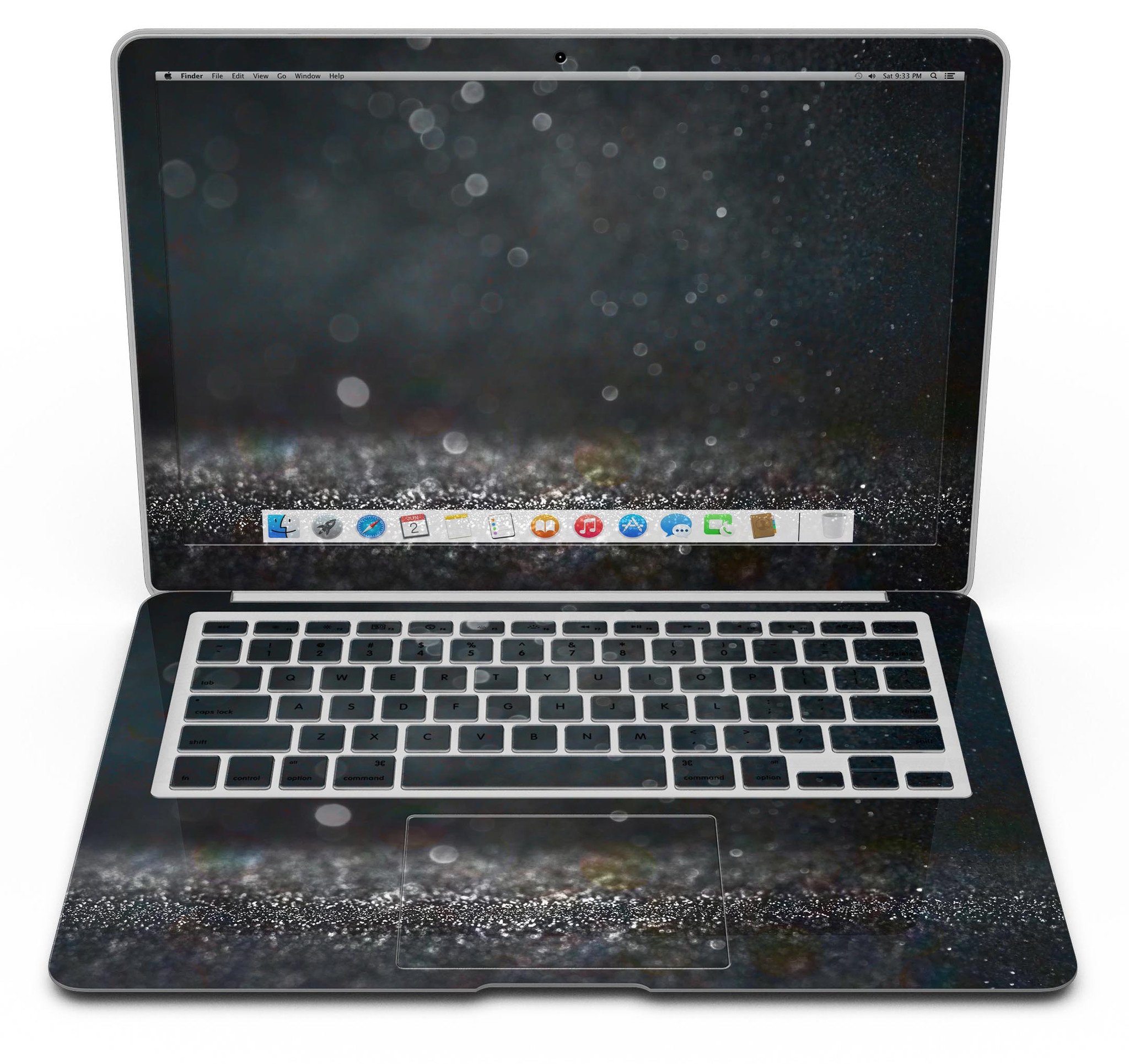 Black Unfocused Glowing Shimmer skin applied to a MacBook Air, showcasing its sleek design and vibrant shimmer effect.