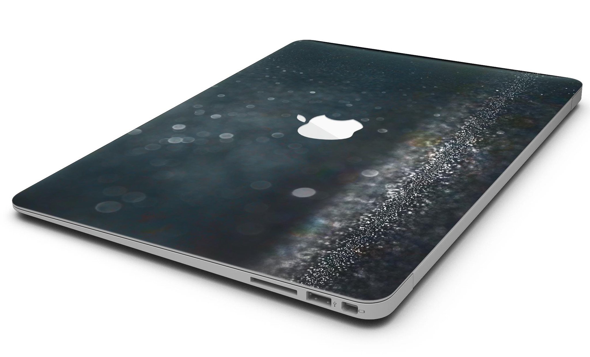 Black Unfocused Glowing Shimmer skin applied to a MacBook Air, showcasing its sleek design and vibrant shimmer effect.