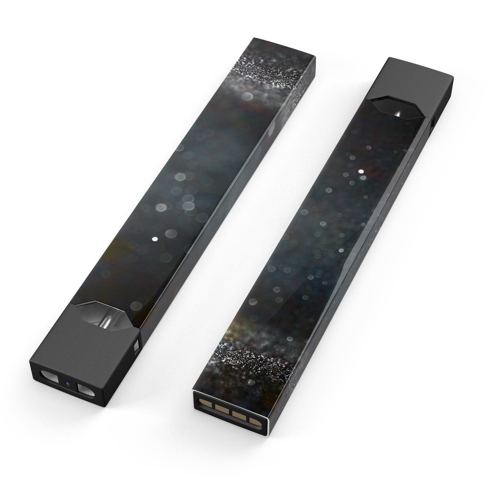 Black Unfocused Glowing Shimmer skin-wrap for JUUL device, showcasing its sleek design and protective features.