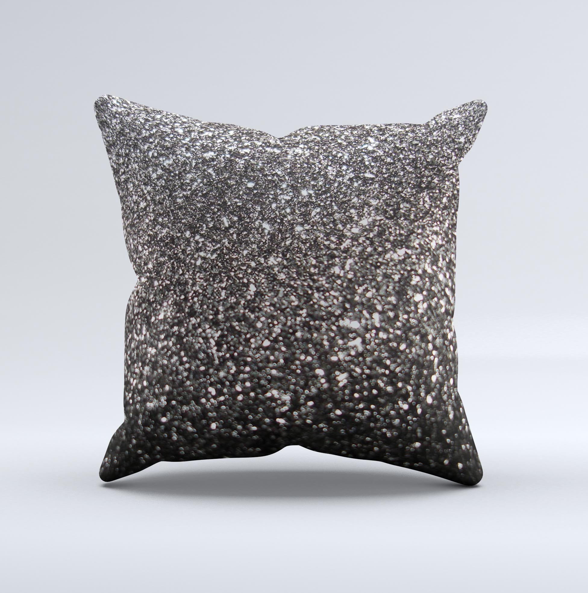 Black decorative throw pillow with unfocused sparkle ink design, handcrafted in Virginia, showcasing unique imperfections.
