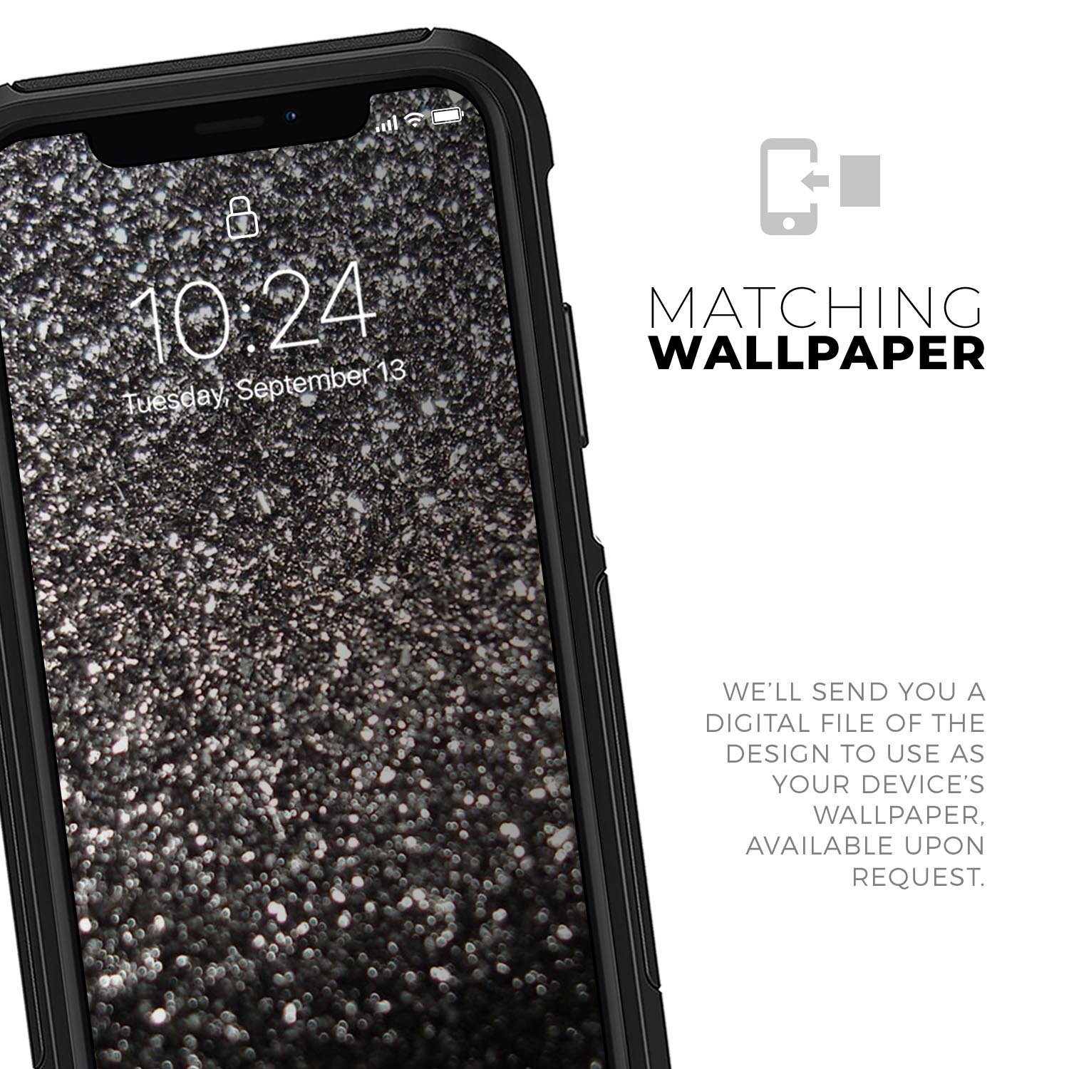 Black Unfocused Sparkle Skin Kit for iPhone OtterBox Cases, showcasing its stylish design and premium quality.