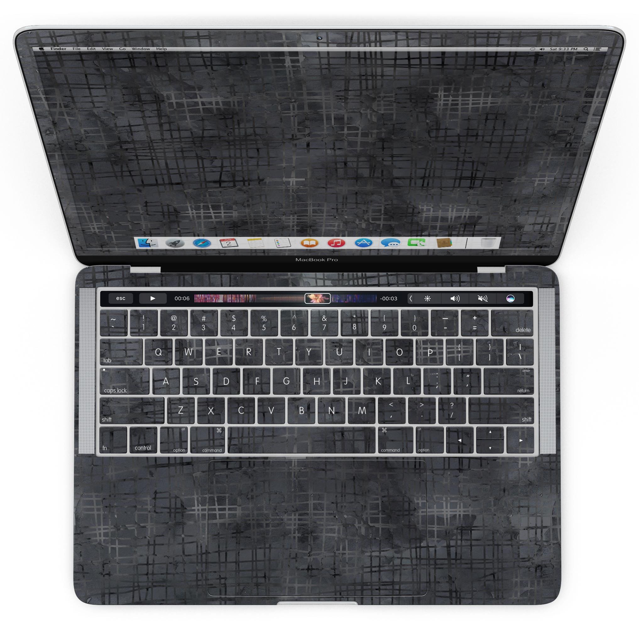 Black Watercolor Cross Hatch skin for MacBook Pro with Touch Bar, showcasing a stylish design that protects the device.
