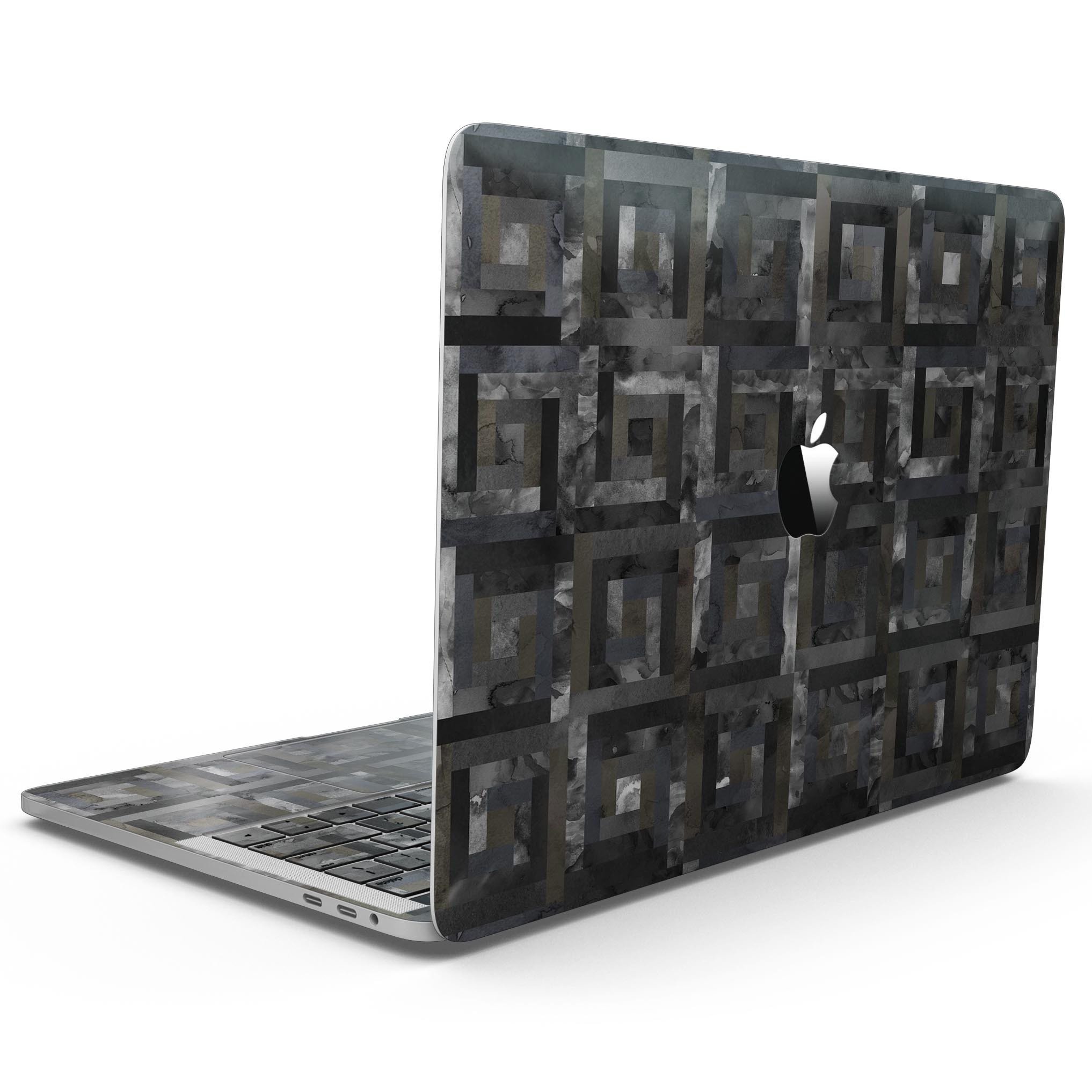 Black Watercolor Patchwork skin for 13" MacBook Pro without Touch Bar, showcasing vibrant watercolor design and premium vinyl material.