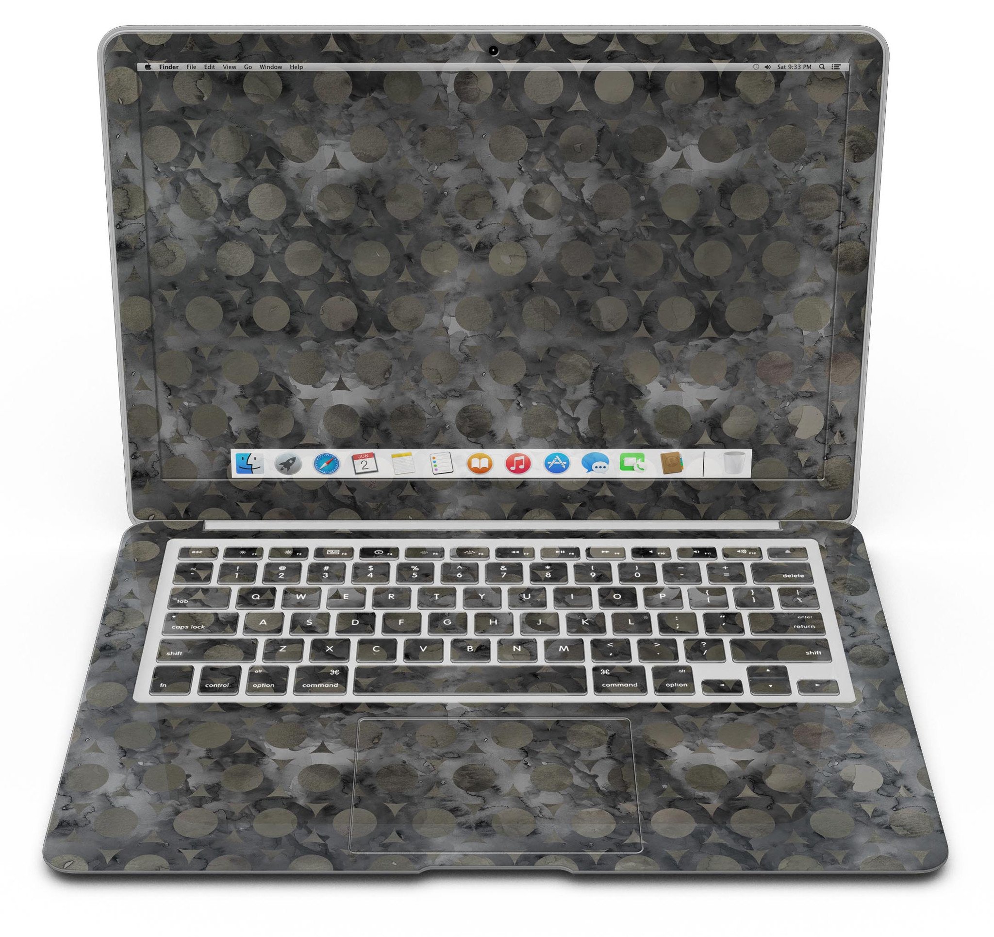 Black Watercolor Ring Pattern MacBook Air Skin Kit showcasing a stylish design on a sleek laptop.