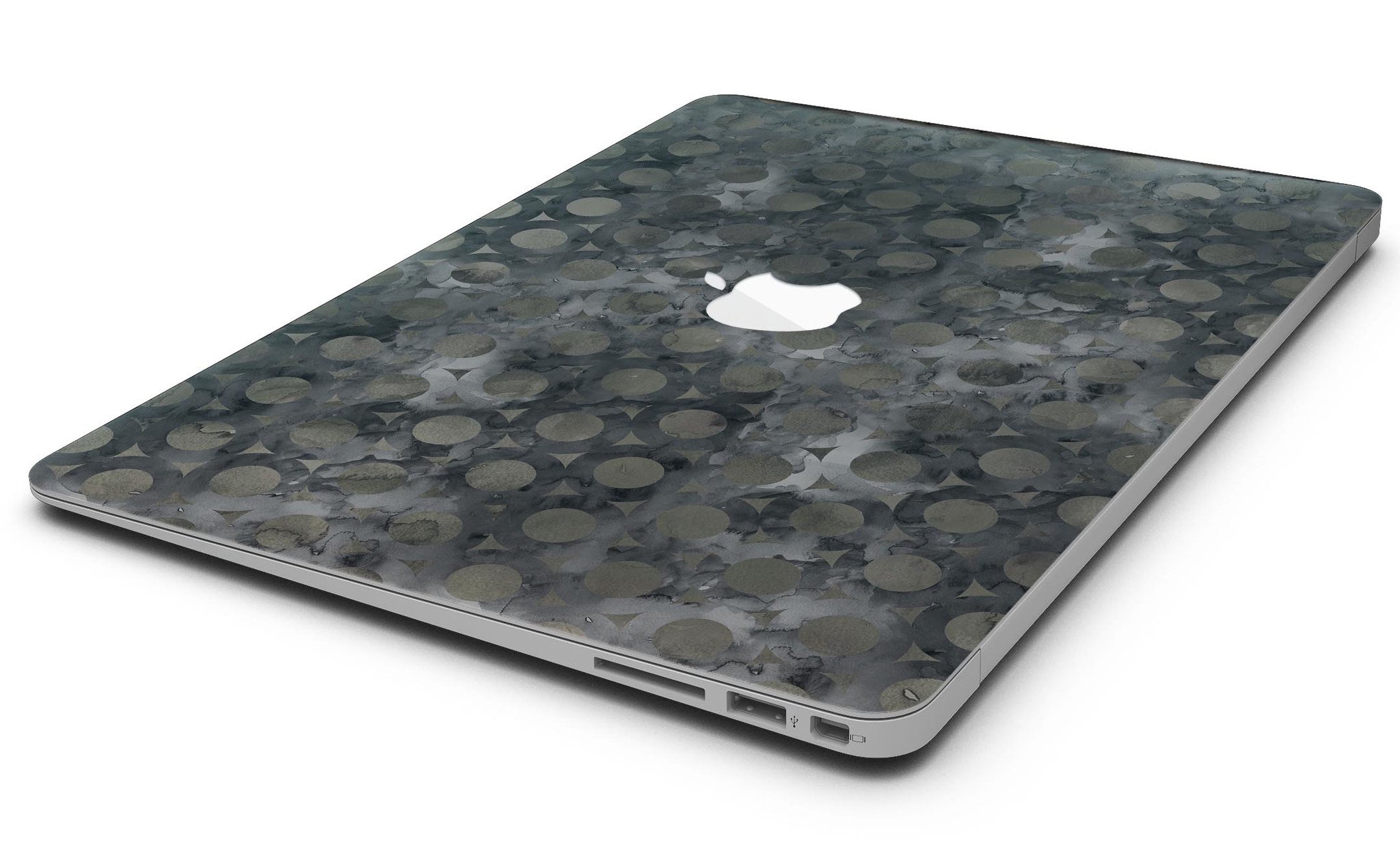 Black Watercolor Ring Pattern MacBook Air Skin Kit showcasing a stylish design on a sleek laptop.