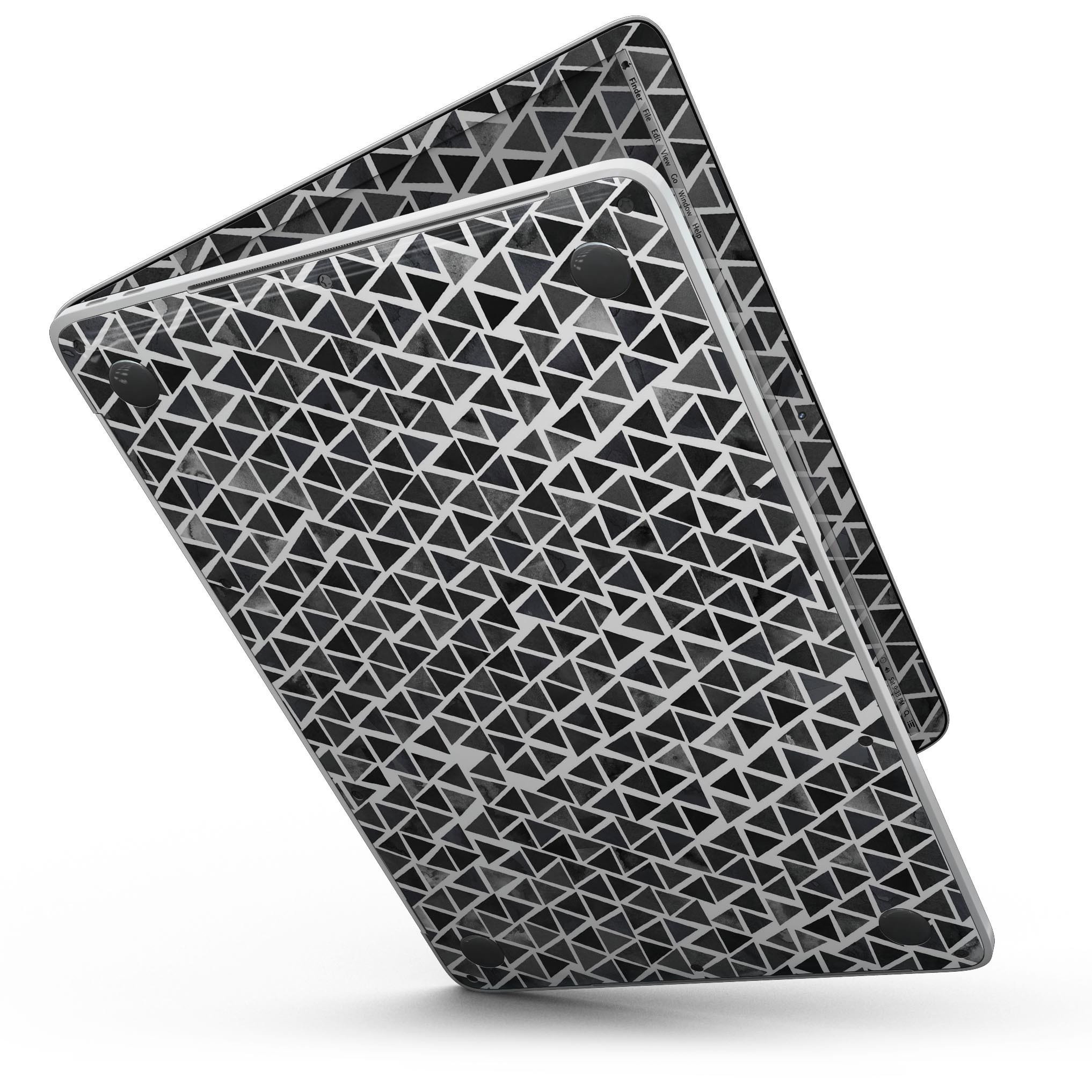 Black Watercolor Triangle Pattern skin for 13" MacBook Pro without Touch Bar, showcasing stylish design and premium vinyl material.