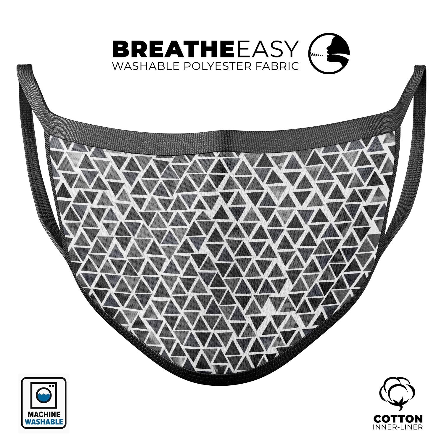 Black Watercolor Triangle Pattern mouth cover, showcasing a stylish design with adjustable ear loops for a comfortable fit.