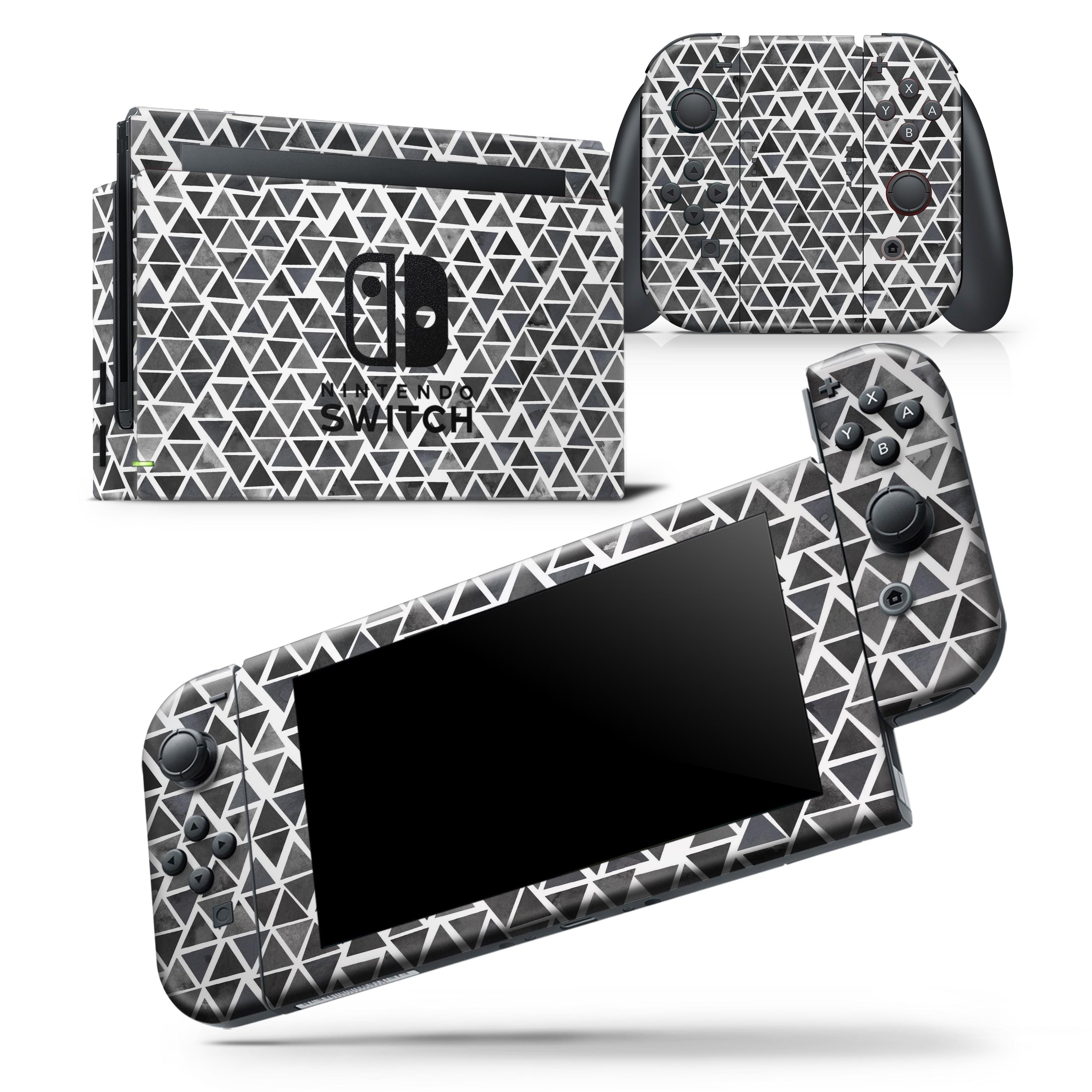 Black Watercolor Triangle Pattern skin wrap decal for Nintendo Switch, showcasing a stylish design that fits snugly on the console and controllers.
