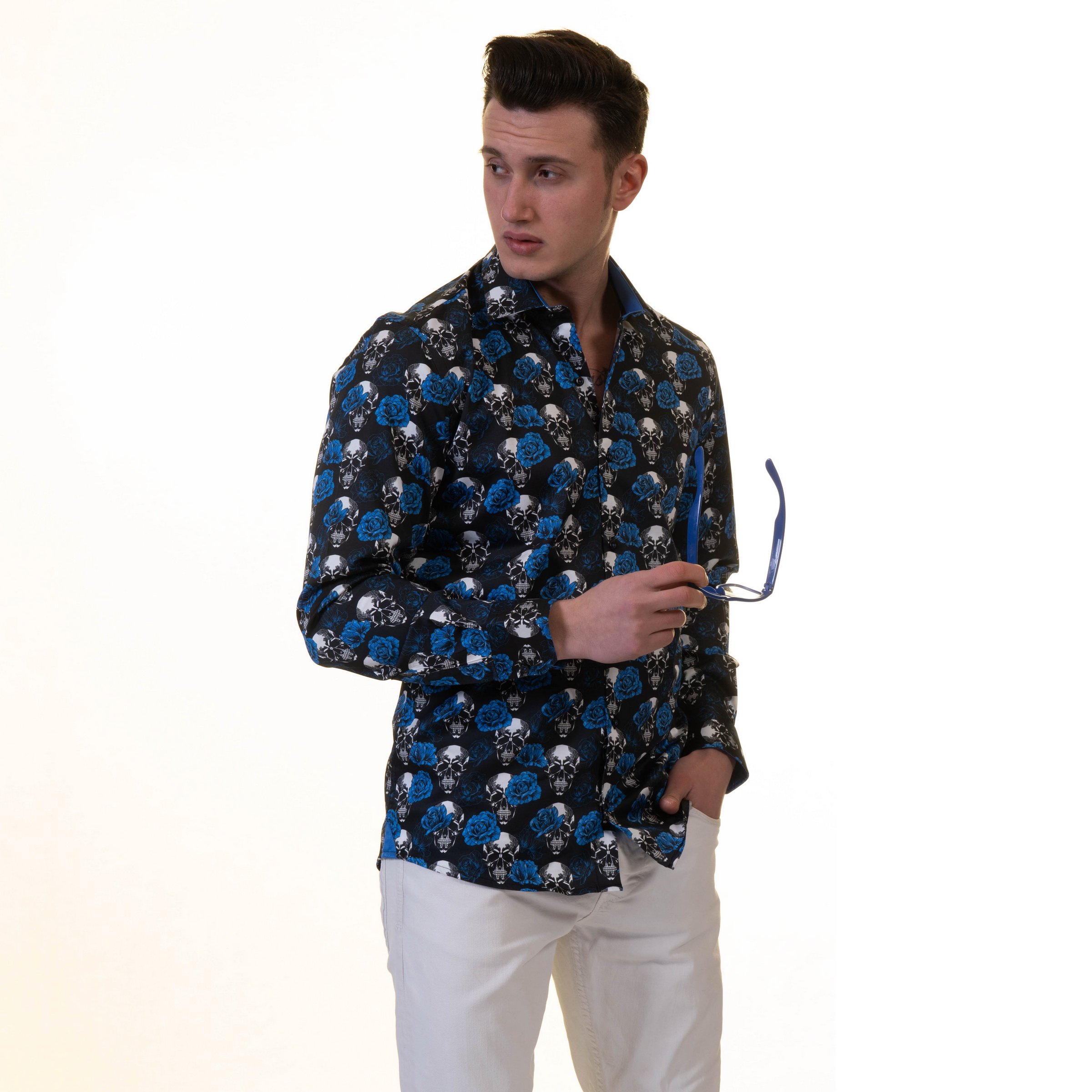 Black White Blue Skulls Men's Slim Fit Designer French Cuff Shirt showcasing a modern design with a spread collar and unique skull pattern.
