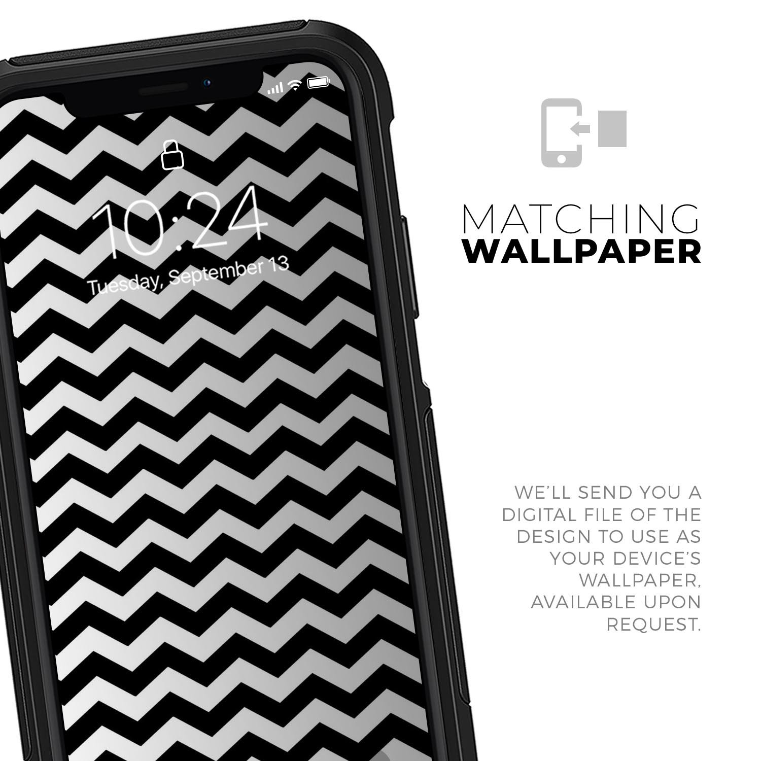 Black & White Chevron Pattern V2 Skin Kit for iPhone OtterBox, showcasing a stylish chevron design on a protective skin.
