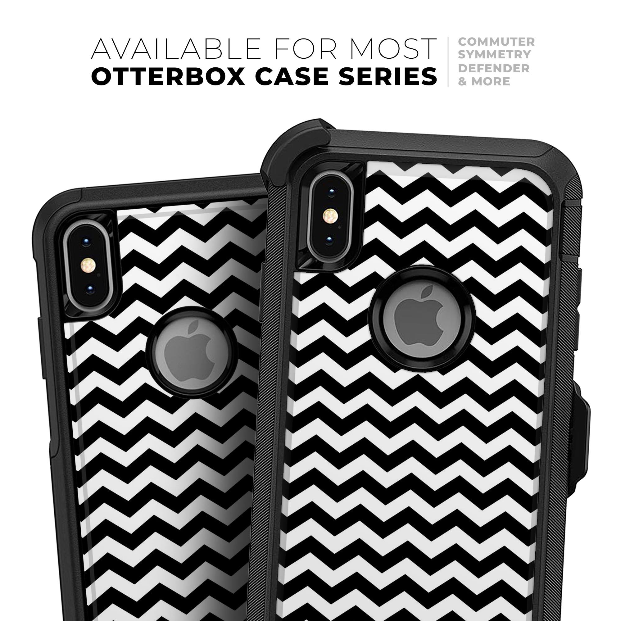 Black & White Chevron Pattern V2 Skin Kit for iPhone OtterBox, showcasing a stylish chevron design on a protective skin.