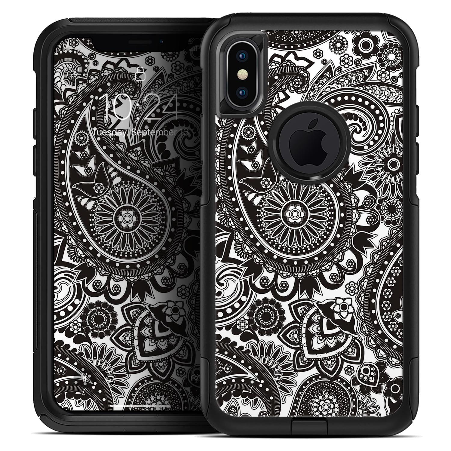 Black & White Paisley Pattern Skin Kit for iPhone OtterBox, showcasing intricate paisley design on a sleek surface.