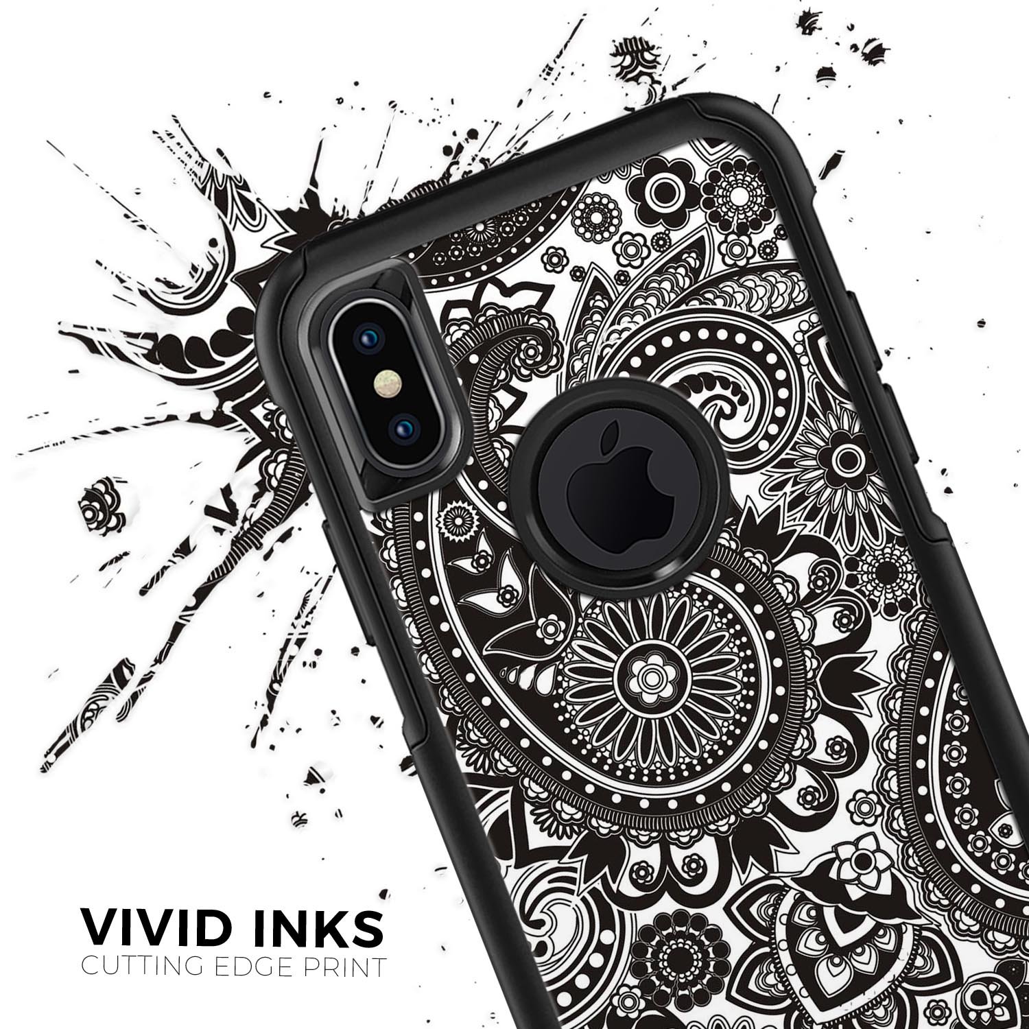 Black & White Paisley Pattern Skin Kit for iPhone OtterBox, showcasing intricate paisley design on a sleek surface.