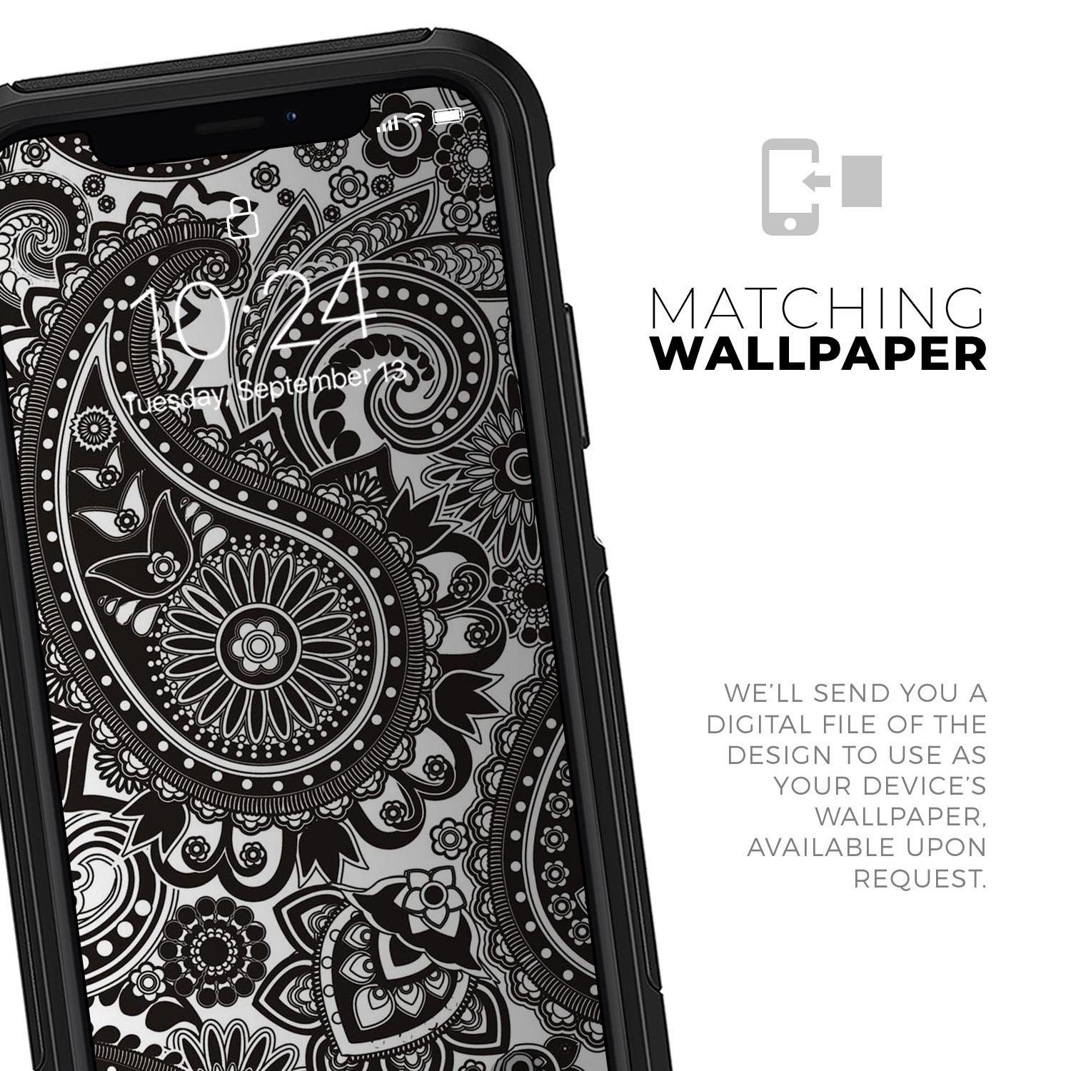 Black & White Paisley Pattern Skin Kit for iPhone OtterBox, showcasing intricate paisley design on a sleek surface.