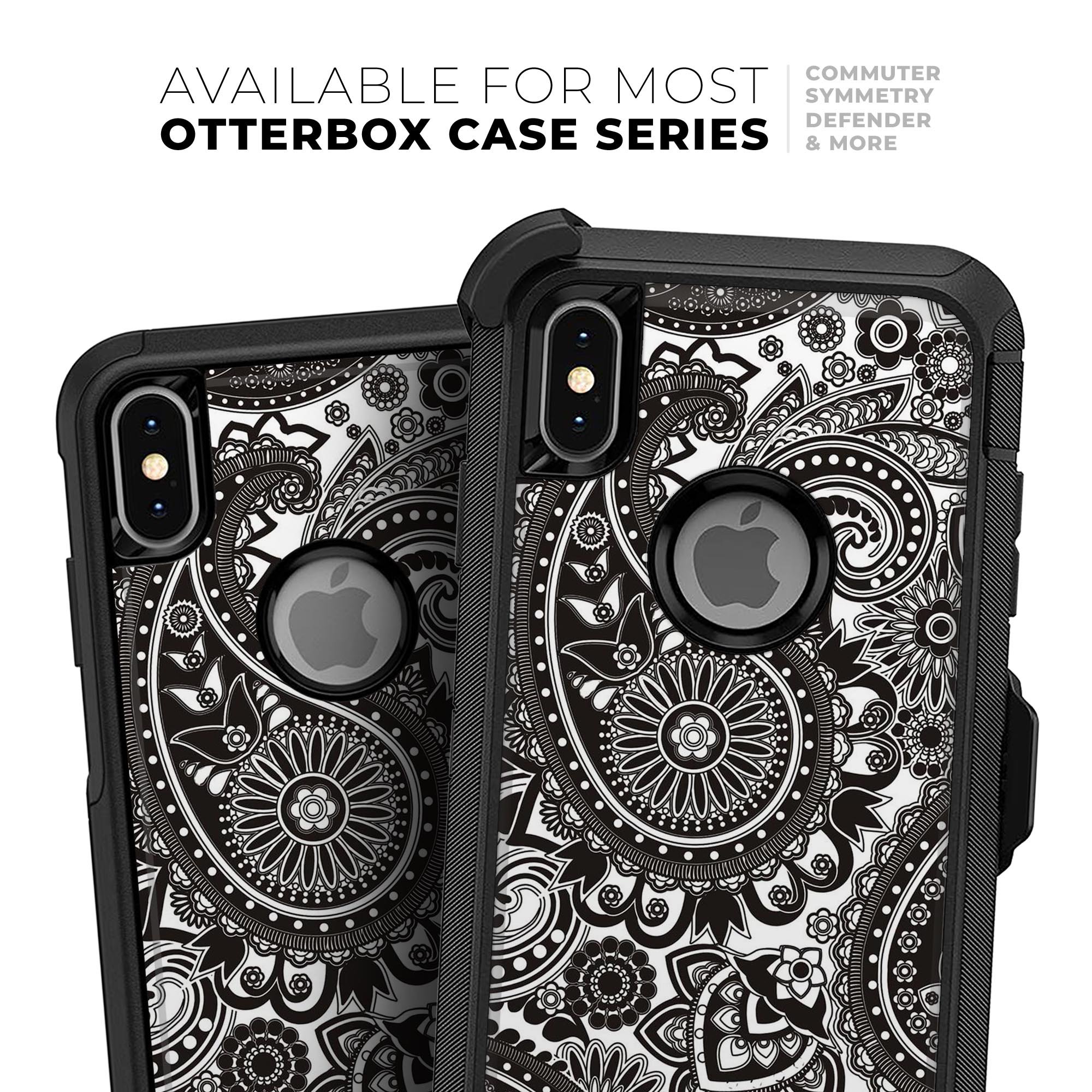Black & White Paisley Pattern Skin Kit for iPhone OtterBox, showcasing intricate paisley design on a sleek surface.