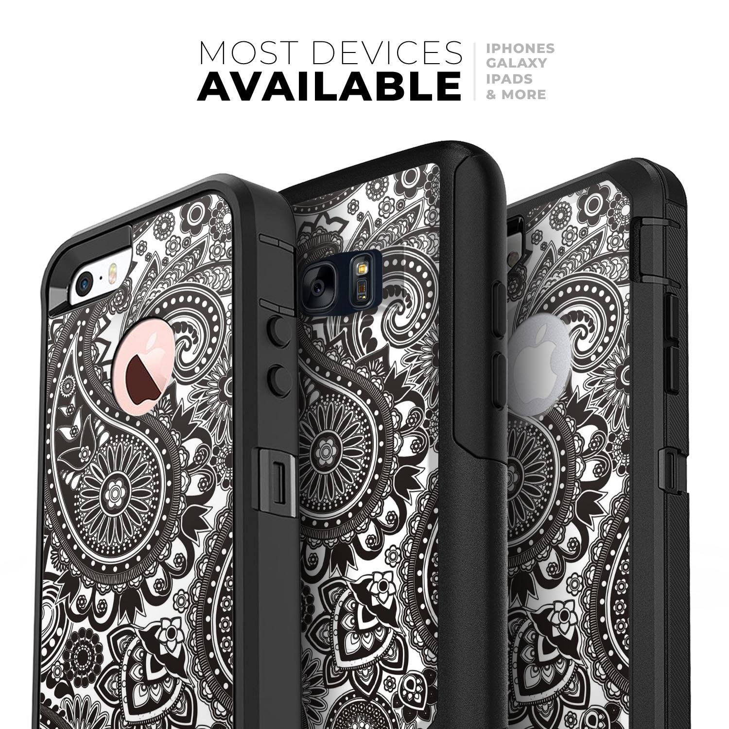 Black & White Paisley Pattern Skin Kit for iPhone OtterBox, showcasing intricate paisley design on a sleek surface.
