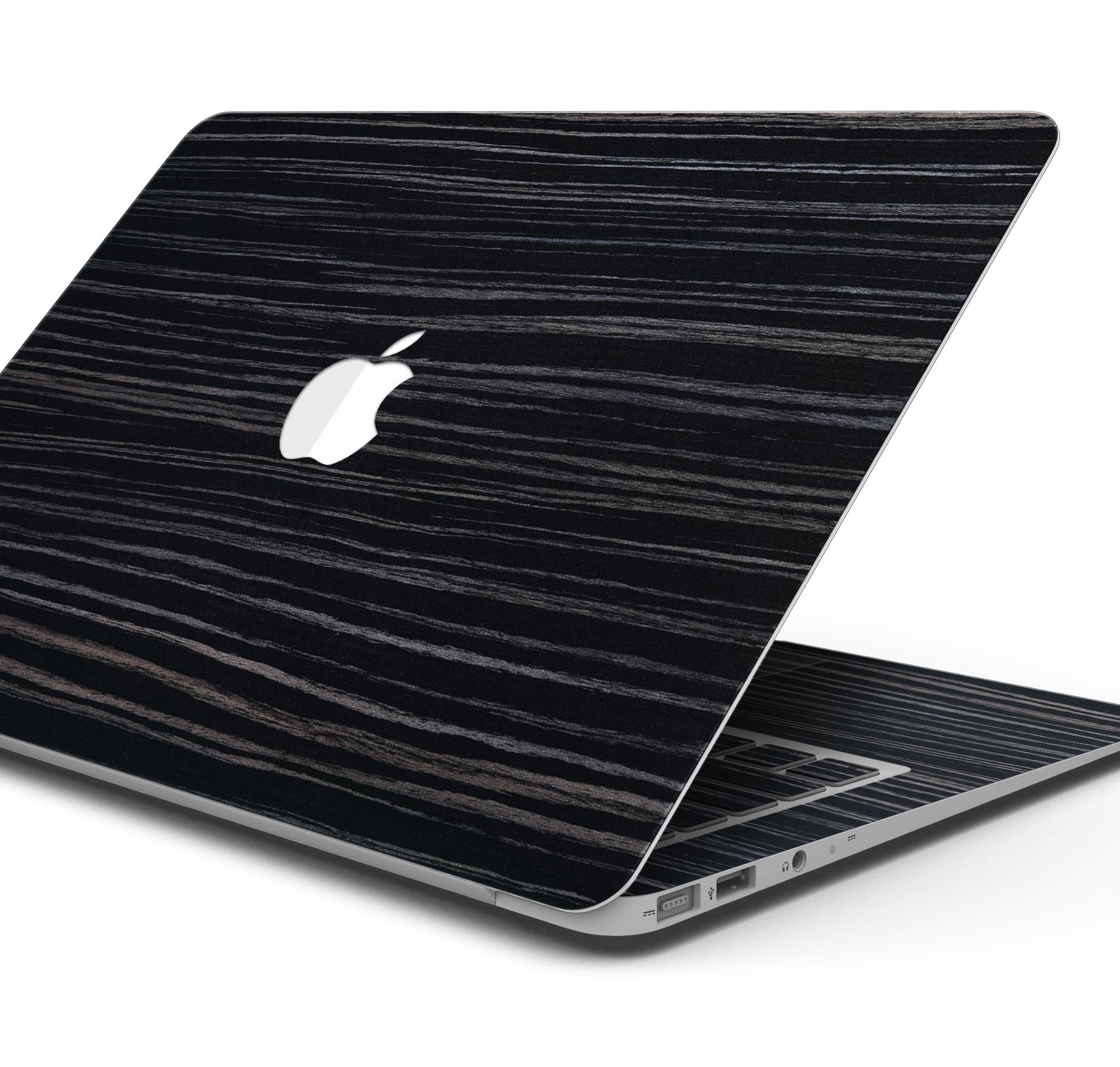 Black Wood Texture Skin Decal Wrap Kit for MacBook, showcasing a stylish wood finish that protects the device.