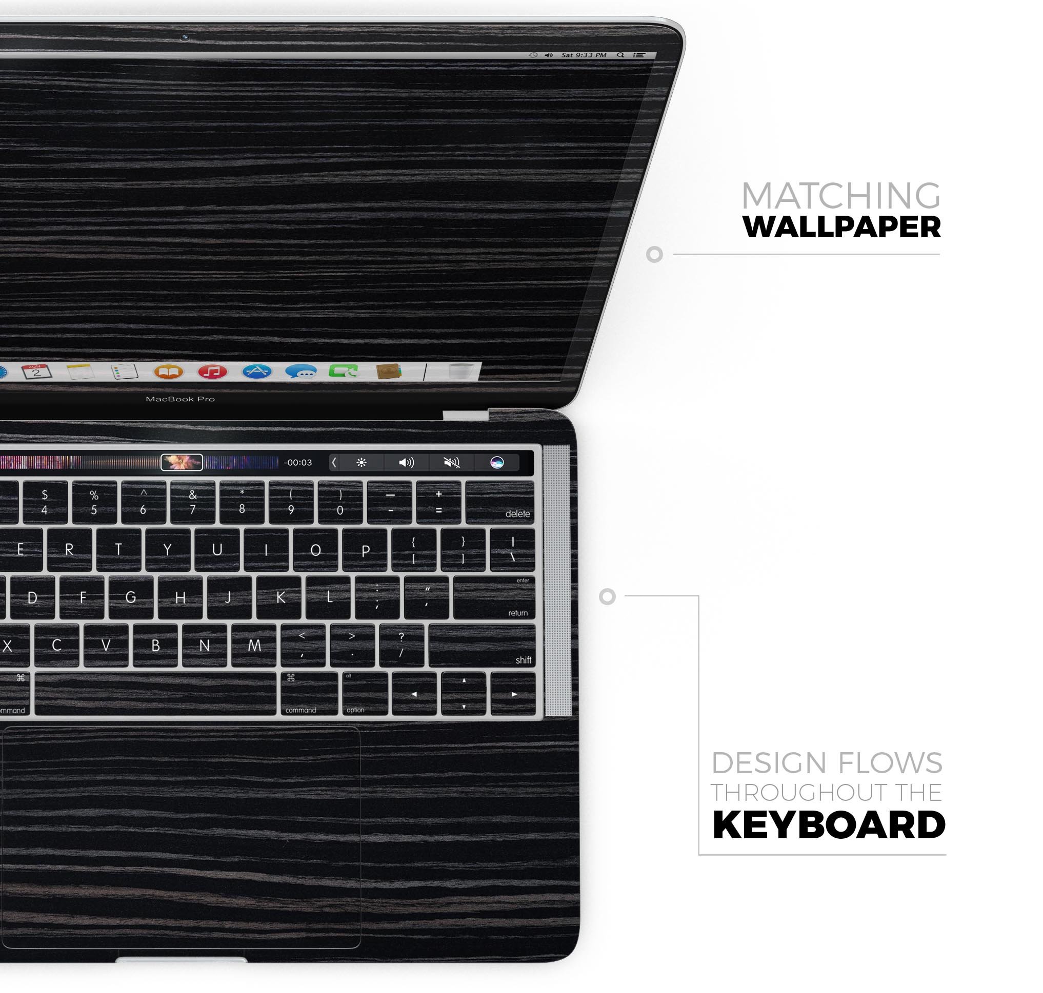 Black Wood Texture Skin Decal Wrap Kit for MacBook, showcasing a stylish wood finish that protects the device.