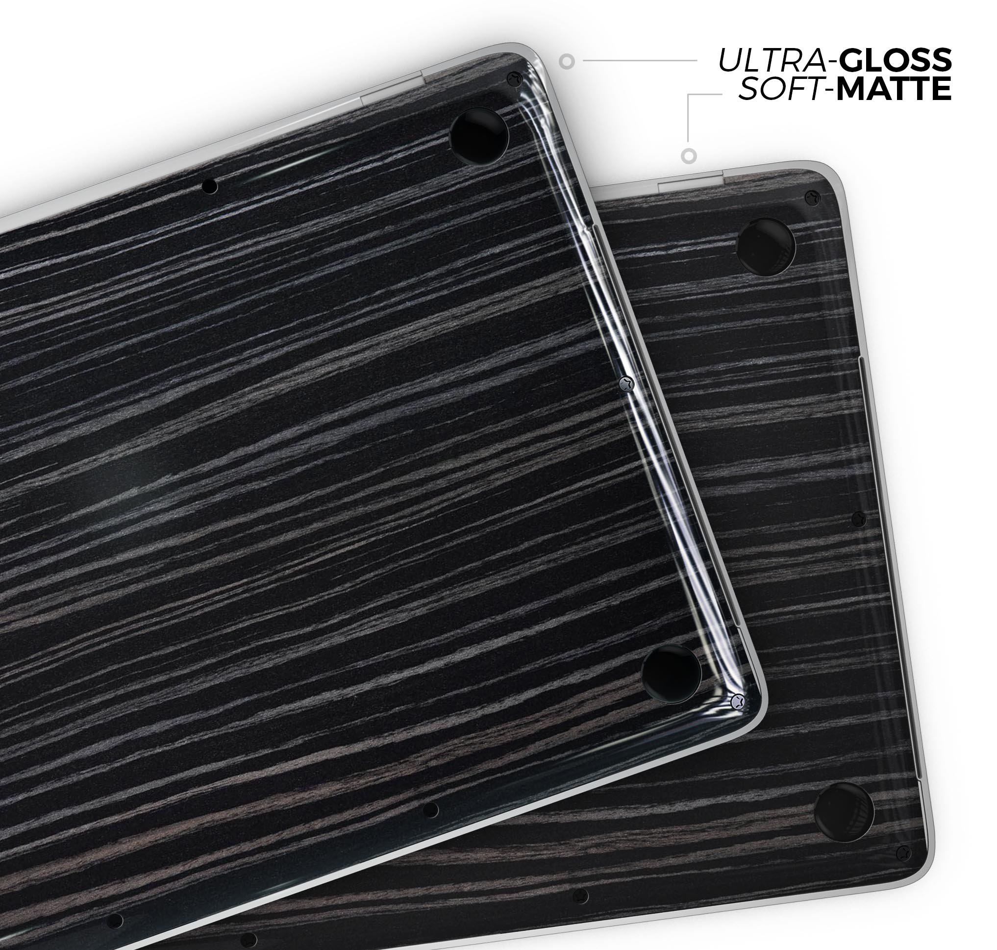 Black Wood Texture Skin Decal Wrap Kit for MacBook, showcasing a stylish wood finish that protects the device.