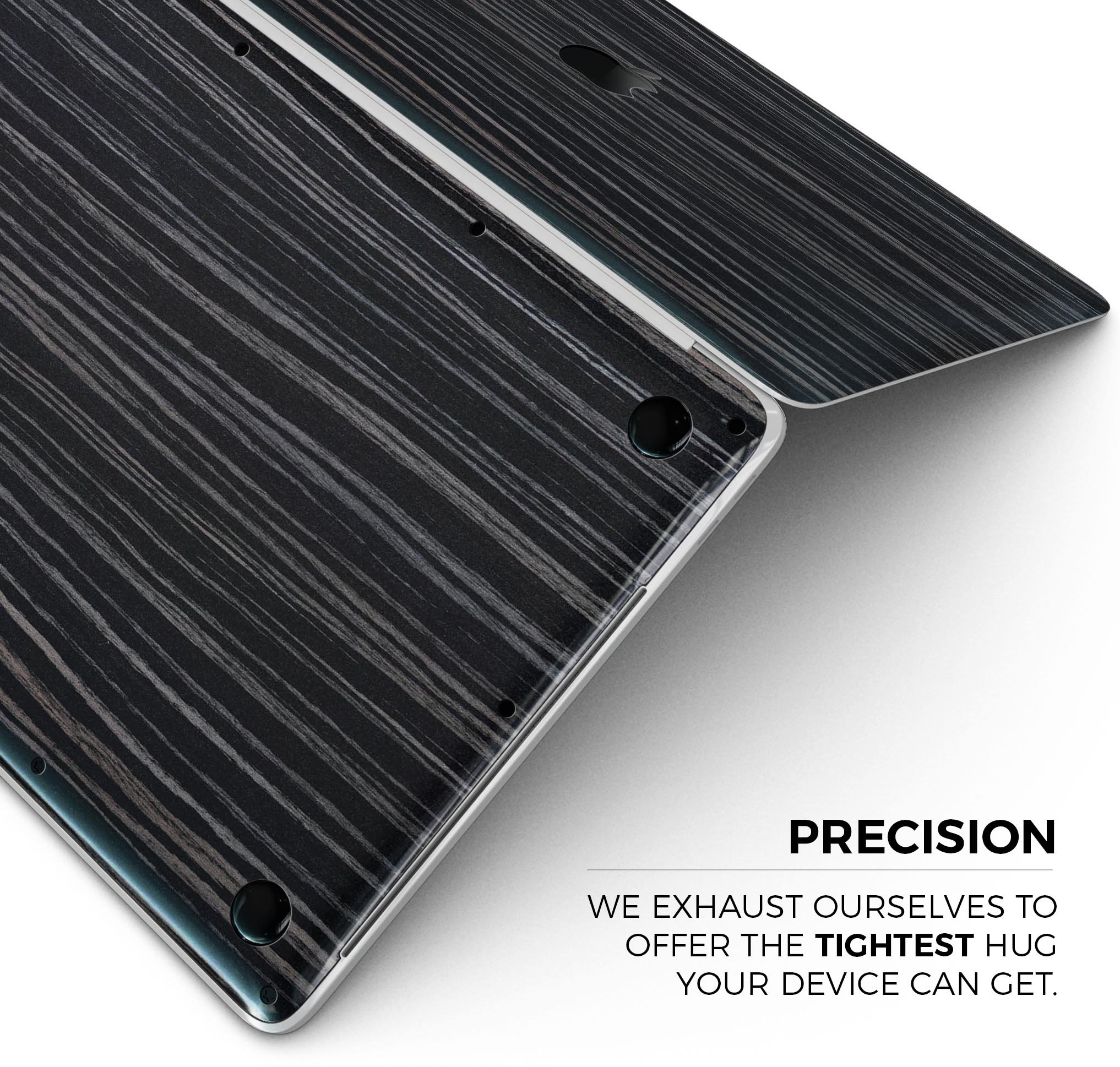 Black Wood Texture Skin Decal Wrap Kit for MacBook, showcasing a stylish wood finish that protects the device.