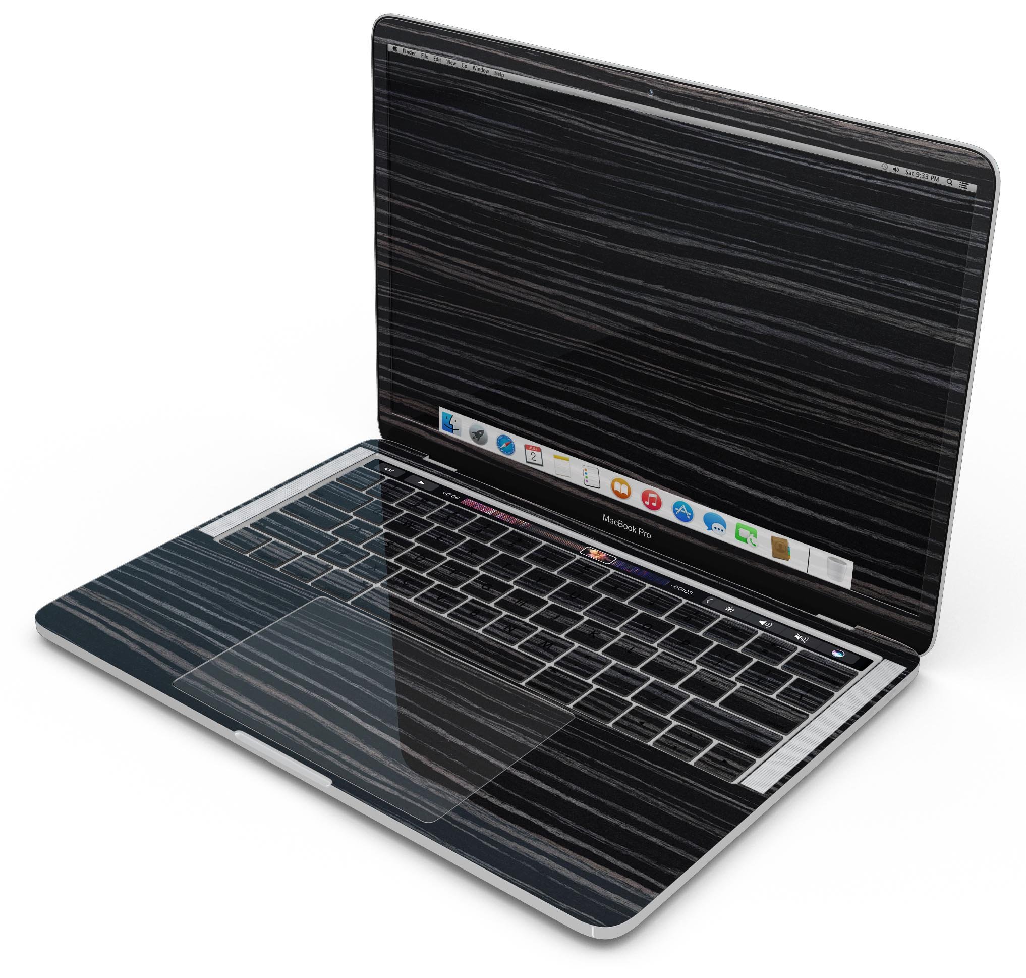 Black Wood Texture Skin Decal Wrap Kit for MacBook, showcasing a stylish wood finish that protects the device.