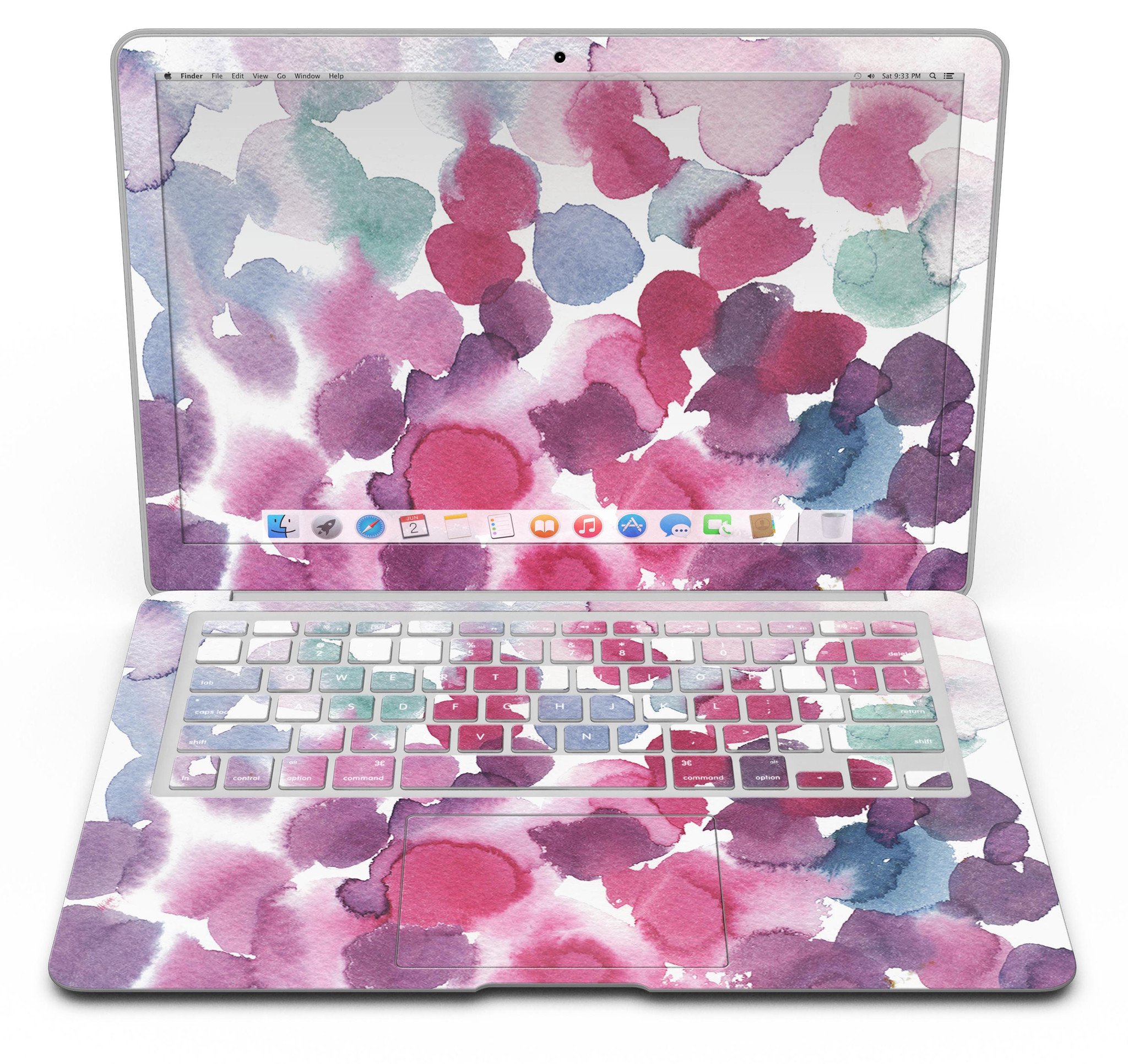 Blot 4 Absorbed Watercolor Texture skin applied to a MacBook Air, showcasing vibrant colors and a sleek design.