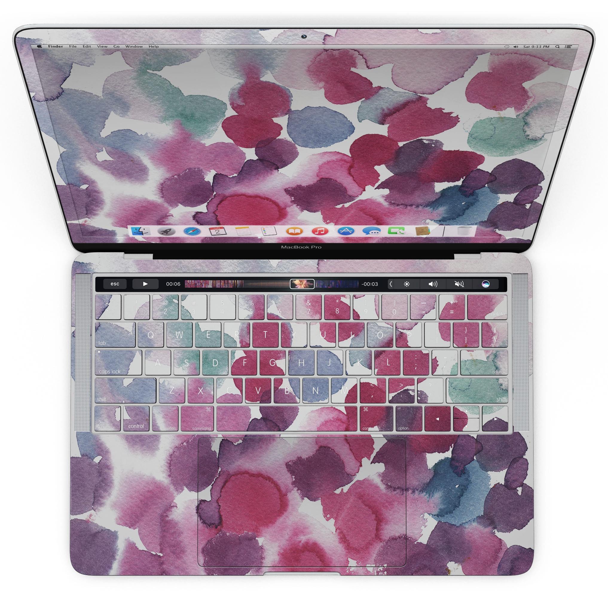 Blot 4 Absorbed Watercolor Texture skin applied to a MacBook Pro with Touch Bar, showcasing vibrant colors and a sleek design.