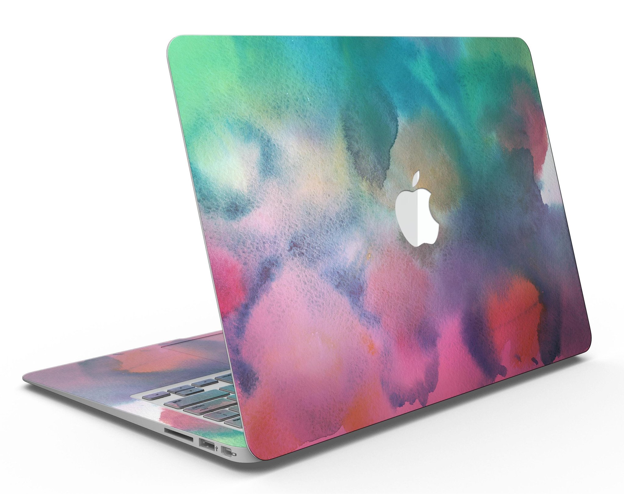 Blotted 534 Absorbed Watercolor Texture skin applied to a MacBook Air, showcasing vibrant colors and a sleek design.