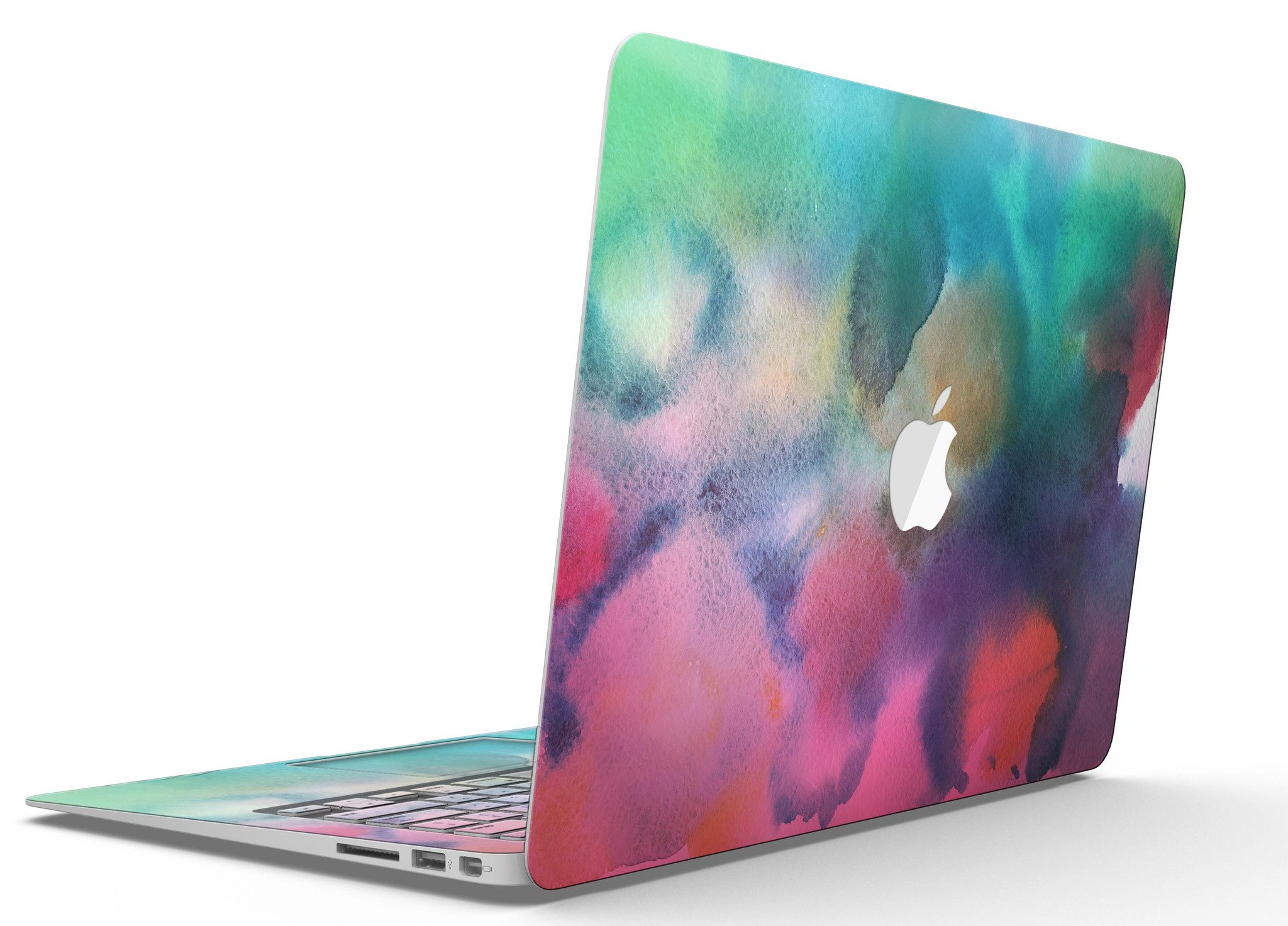 Blotted 534 Absorbed Watercolor Texture skin applied to a MacBook Air, showcasing vibrant colors and a sleek design.