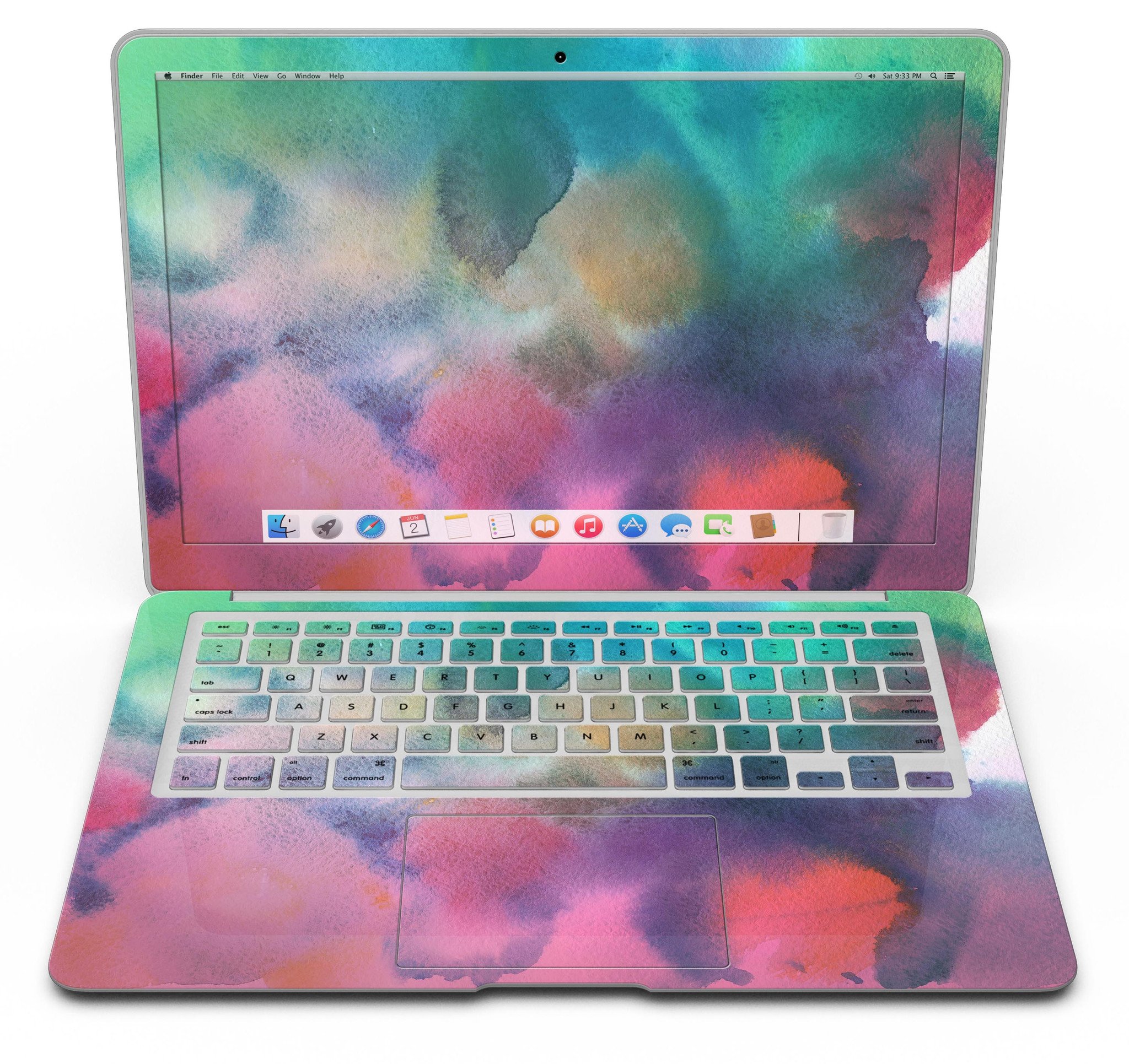 Blotted 534 Absorbed Watercolor Texture skin applied to a MacBook Air, showcasing vibrant colors and a sleek design.
