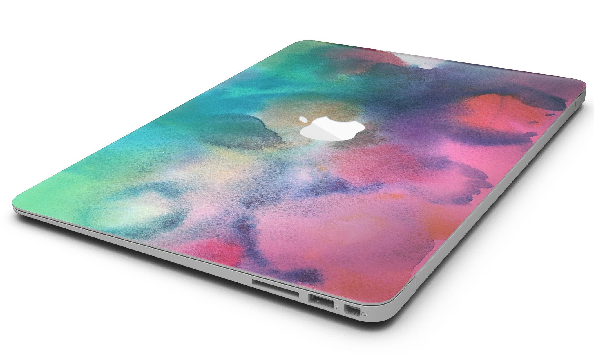 Blotted 534 Absorbed Watercolor Texture skin applied to a MacBook Air, showcasing vibrant colors and a sleek design.