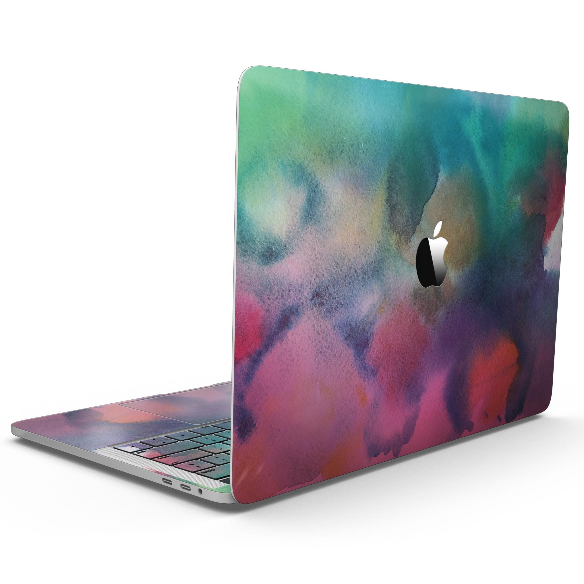 Blotted 534 Absorbed Watercolor Texture skin applied to a MacBook Pro with Touch Bar, showcasing vibrant colors and artistic design.