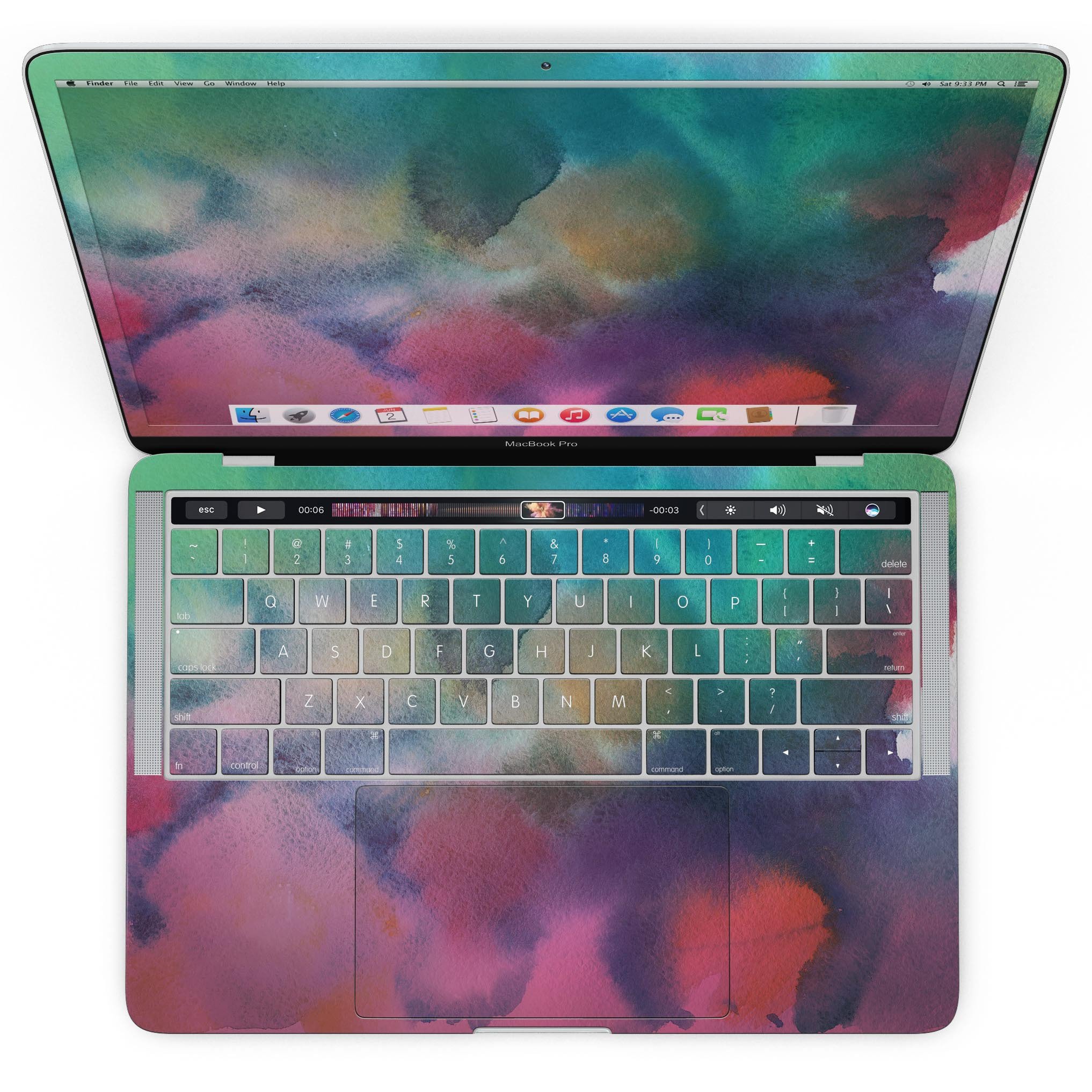 Blotted 534 Absorbed Watercolor Texture skin applied to a MacBook Pro with Touch Bar, showcasing vibrant colors and artistic design.
