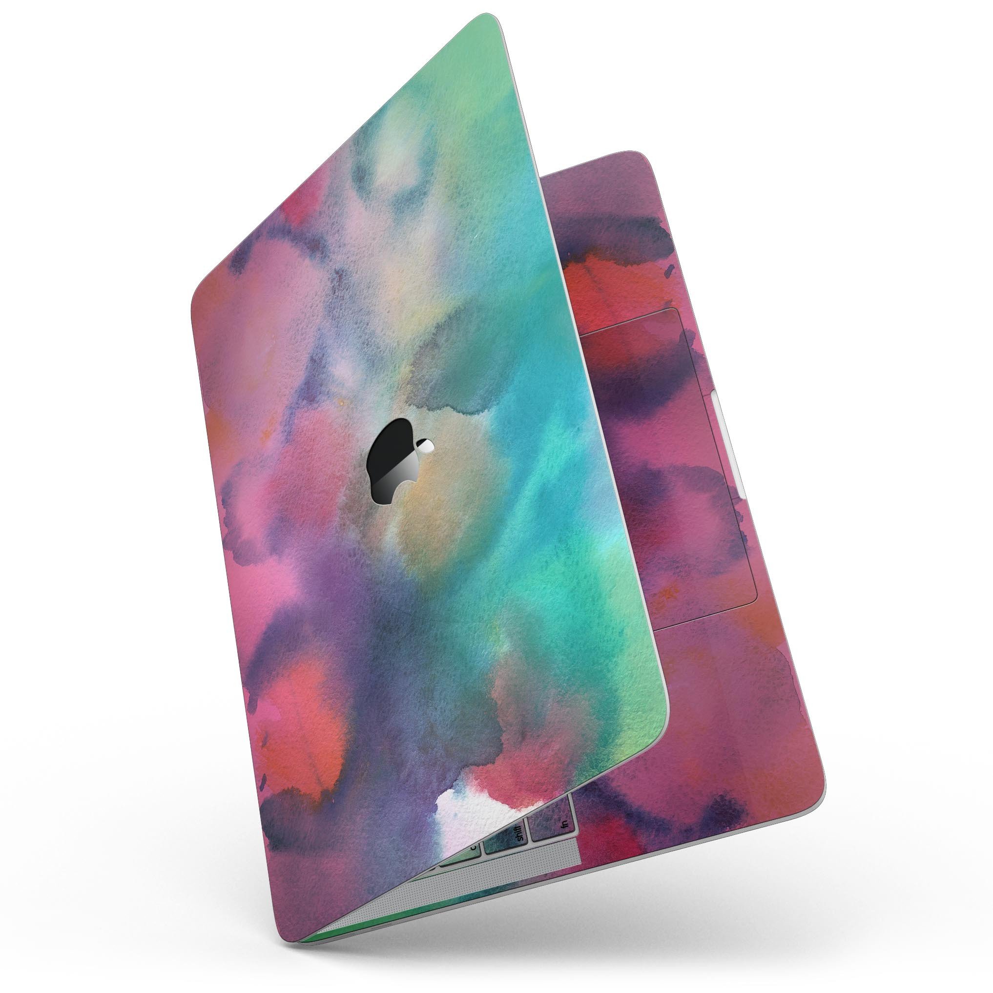 Blotted 534 Absorbed Watercolor Texture skin applied to a MacBook Pro with Touch Bar, showcasing vibrant colors and artistic design.