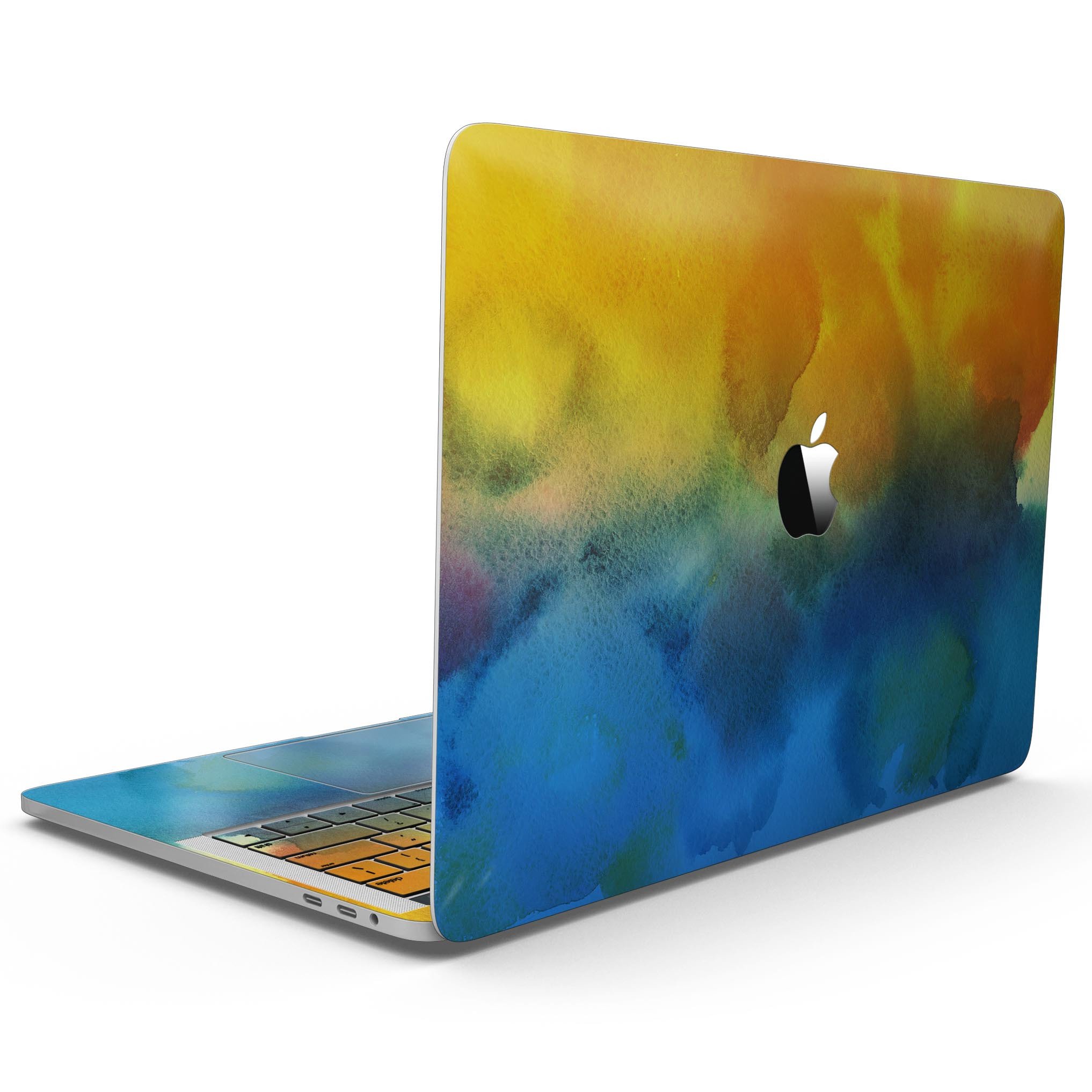 Blotted 64 Absorbed Watercolor Texture skin applied on a MacBook Pro with Touch Bar, showcasing vibrant colors and a sleek design.